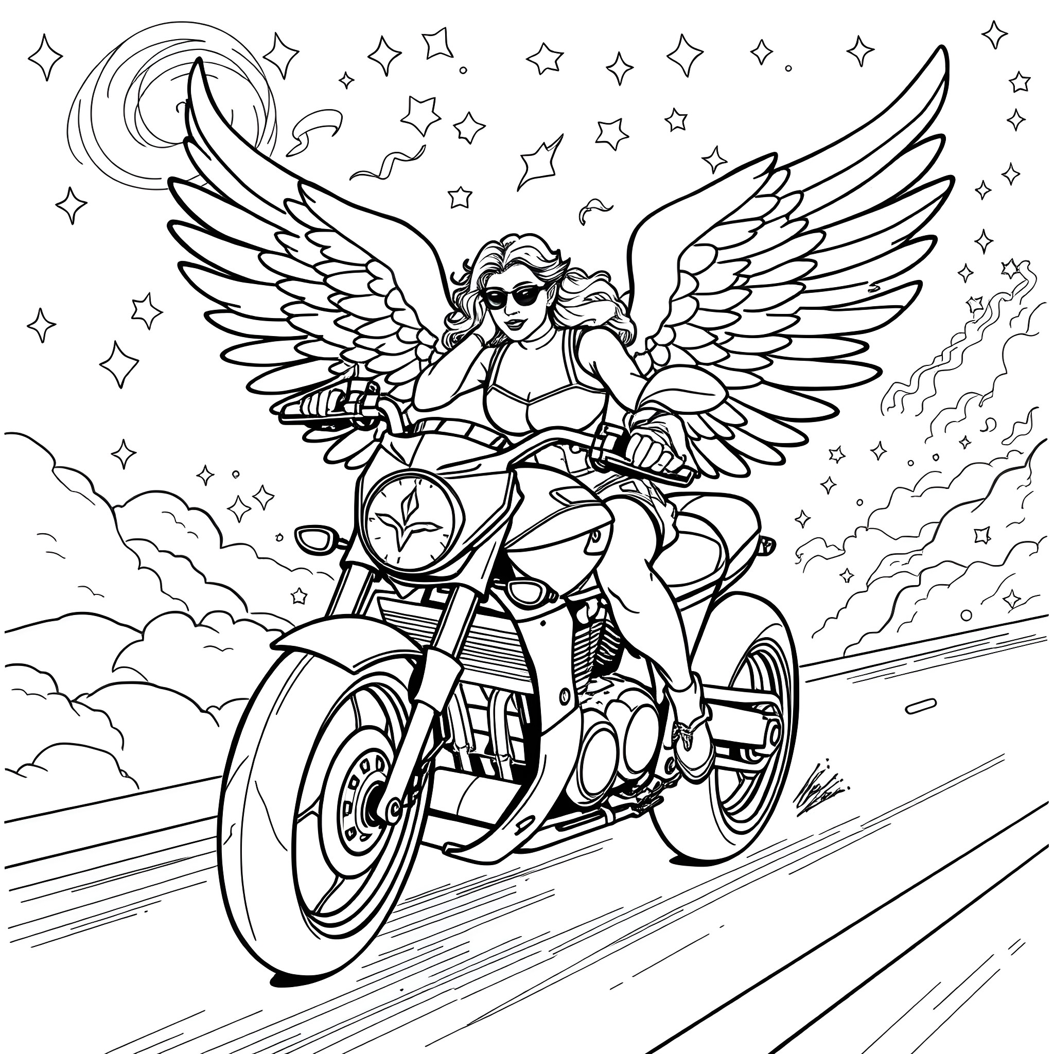 Angel riding a motorcycle in the night sky Coloring Page (free black-and-white line drawing printable PDF for all, from beginners to advanced learners, including children, teens, adults, and seniors)