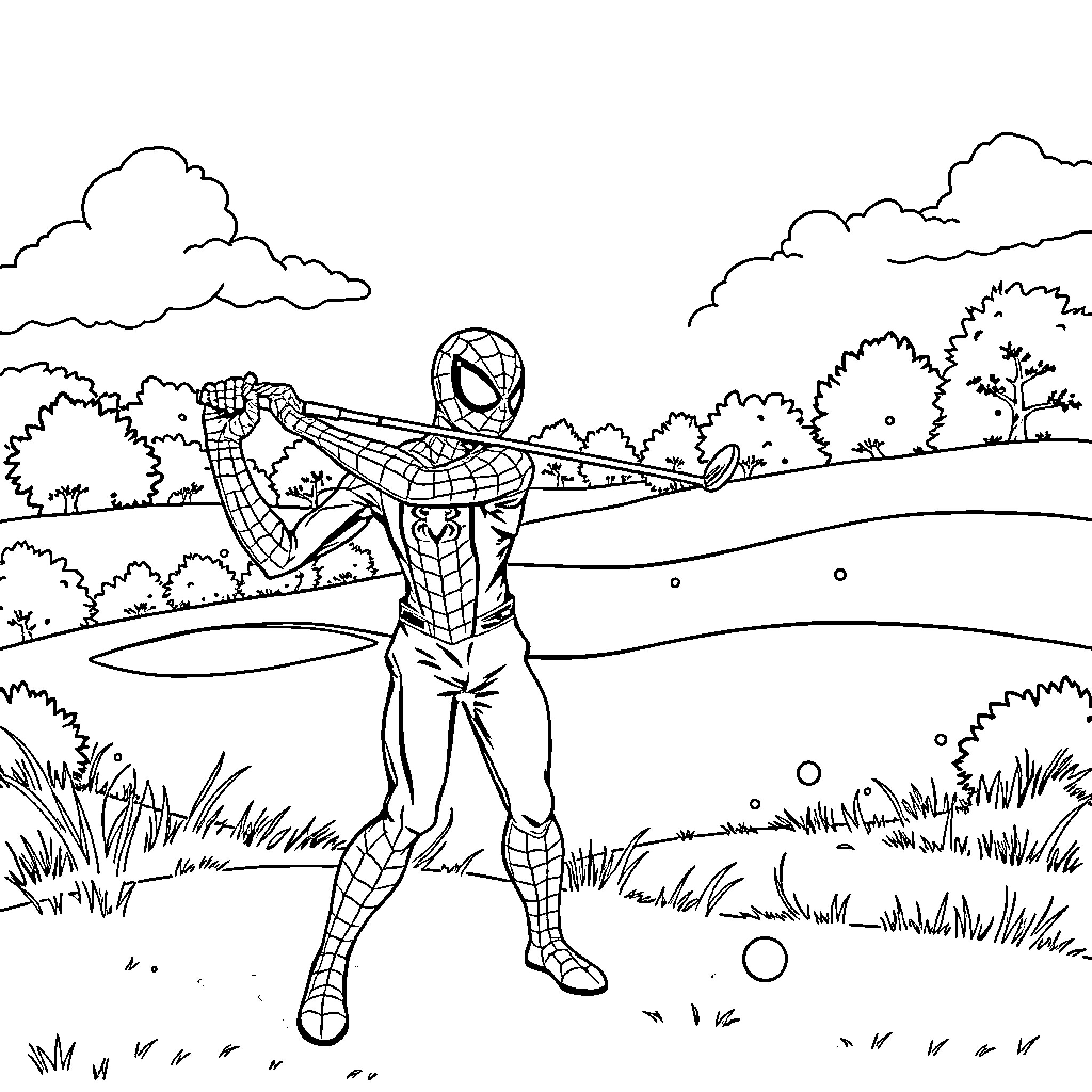 Spider-Man swinging through the park Coloring Page (free black-and-white line drawing printable PDF for all, from beginners to advanced learners, including children, teens, adults, and seniors)