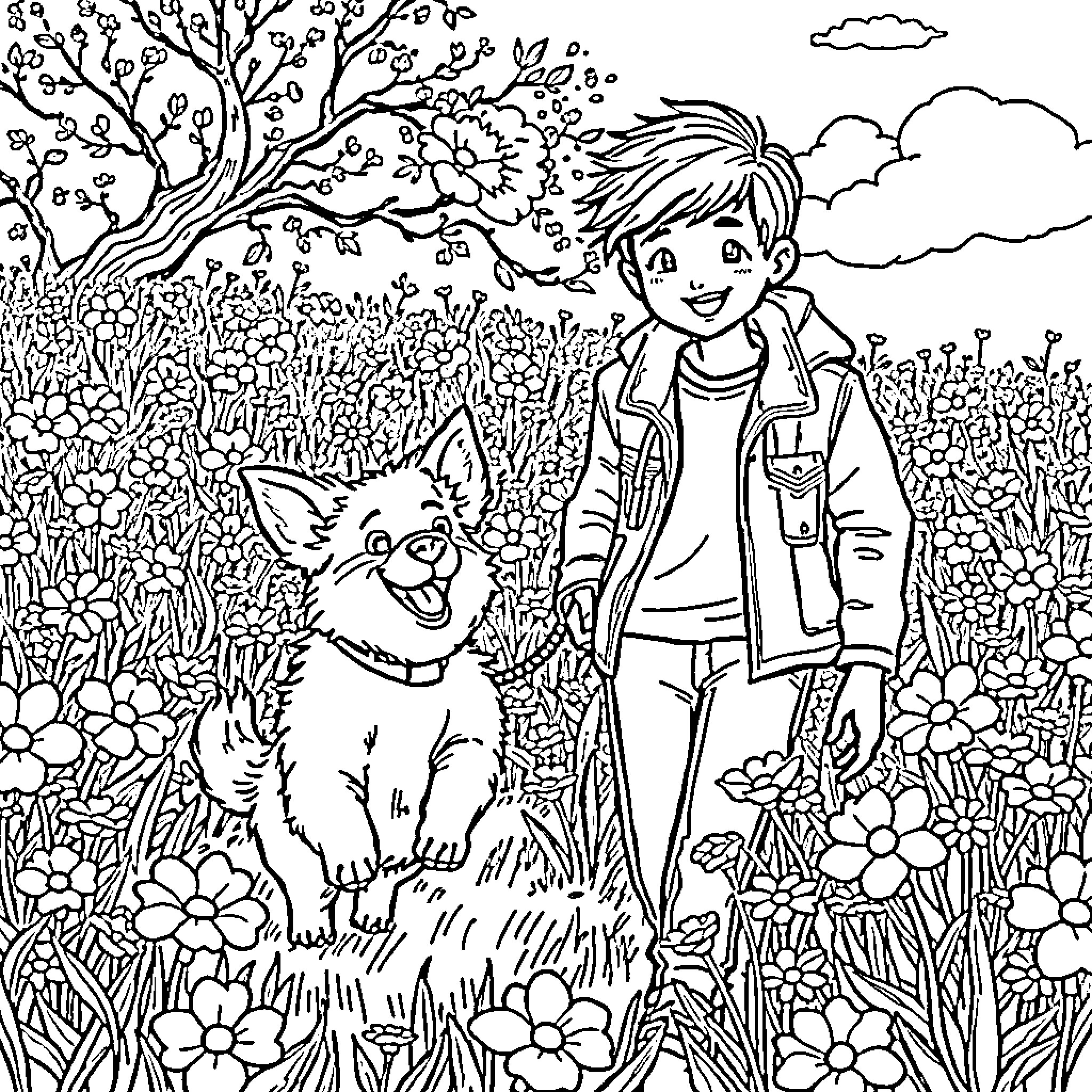 Dog and Boy Exploring Lush Nature Scene Coloring Page (free black-and-white line drawing printable PDF for all, from beginners to advanced learners, including children, teens, adults, and seniors)