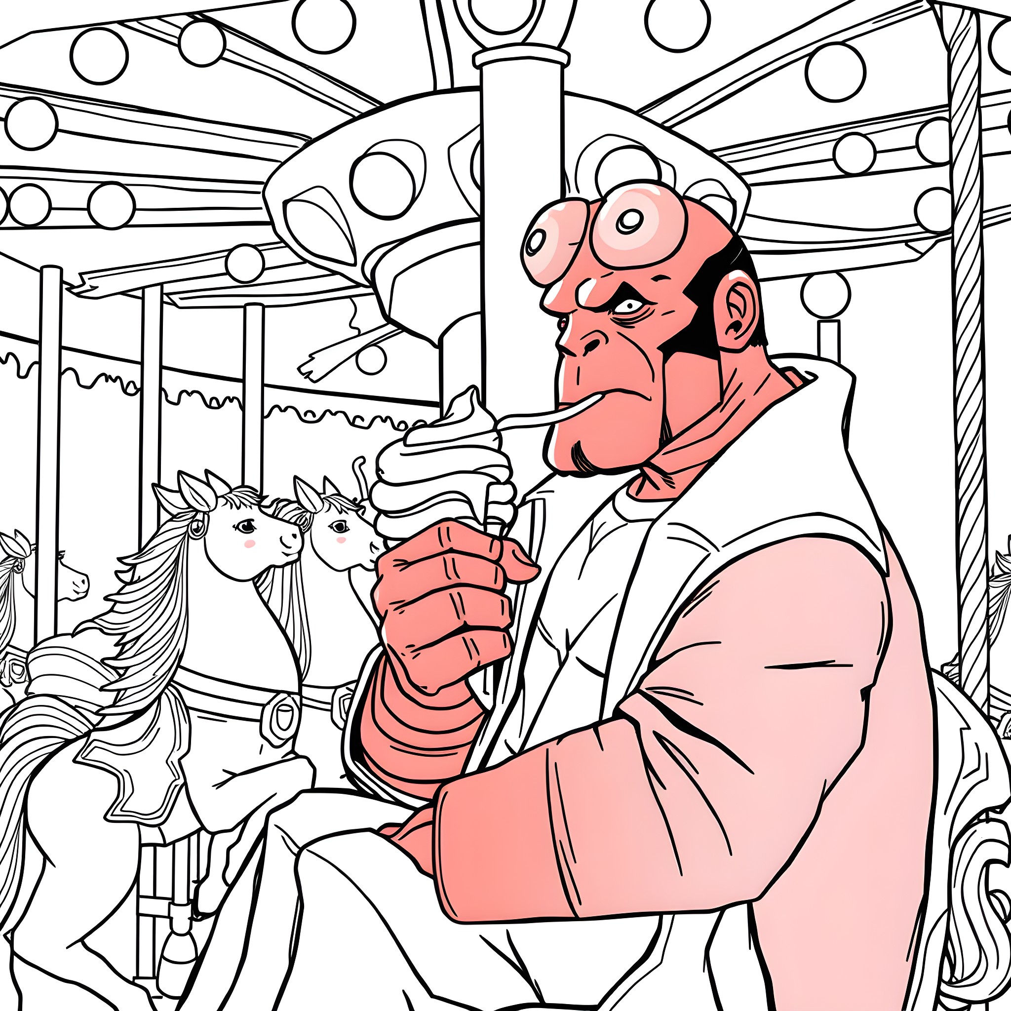 Hellboy enjoying a ride on the merry-go-round Coloring Page (free black-and-white line drawing printable PDF for all, from beginners to advanced learners, including children, teens, adults, and seniors)