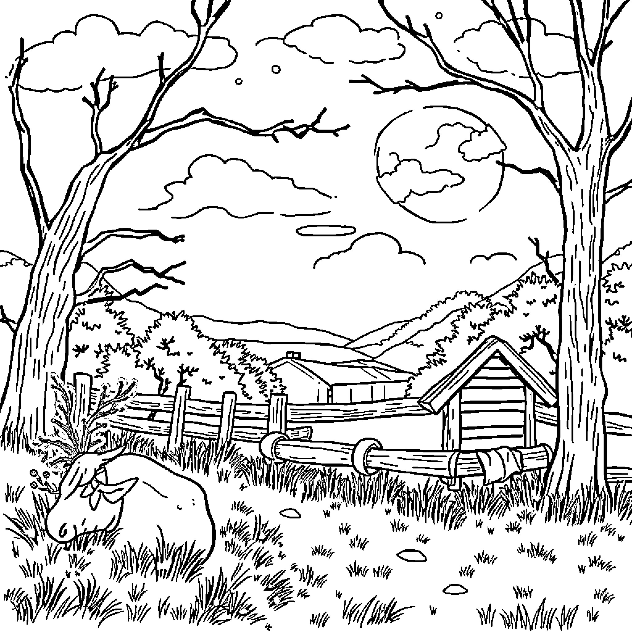 Santa Claus in a Serene Winter Landscape Coloring Page (free black-and-white line drawing printable PDF for all, from beginners to advanced learners, including children, teens, adults, and seniors)