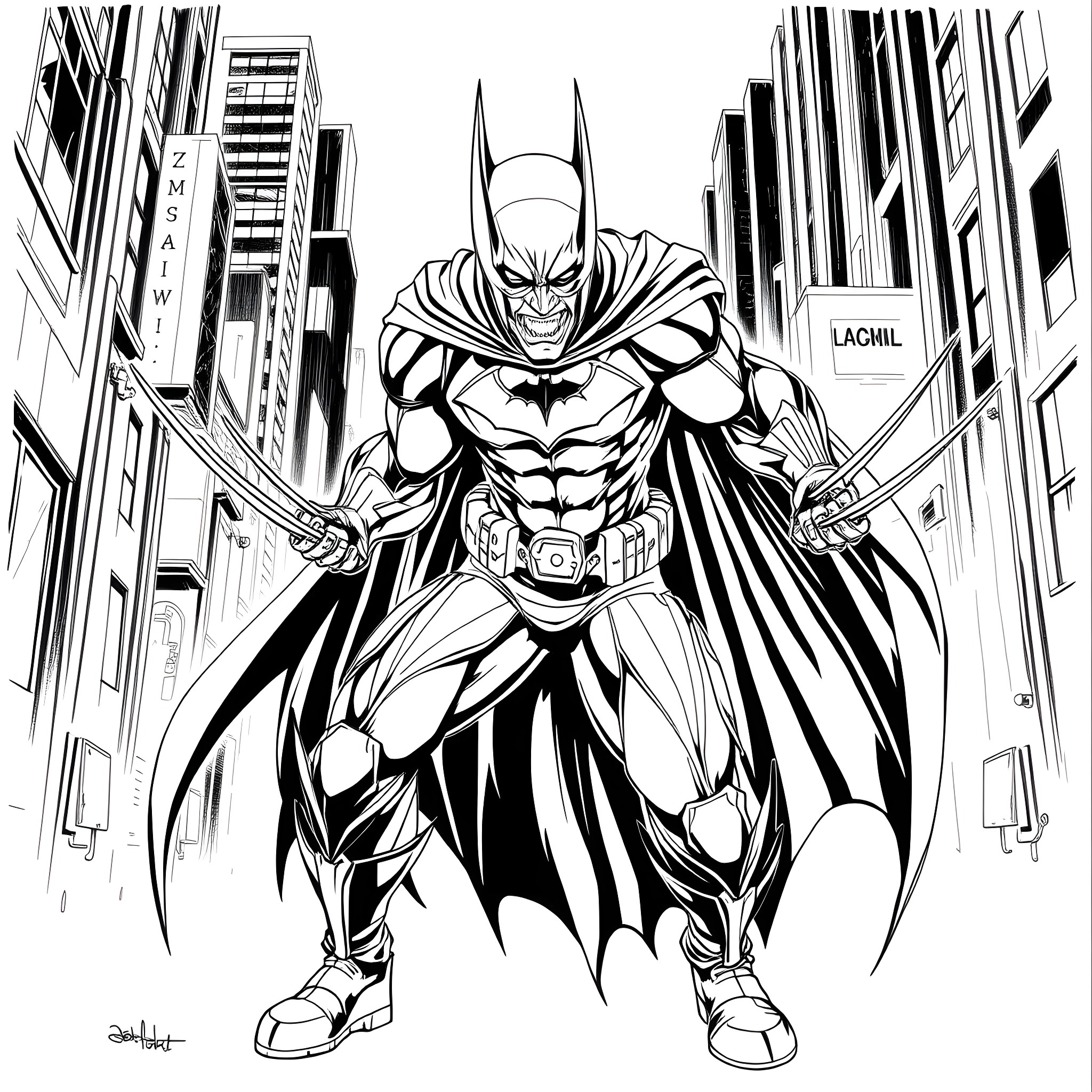 Batman Wolverine battling in the city Coloring Page (free black-and-white line drawing printable PDF for all, from beginners to advanced learners, including children, teens, adults, and seniors)