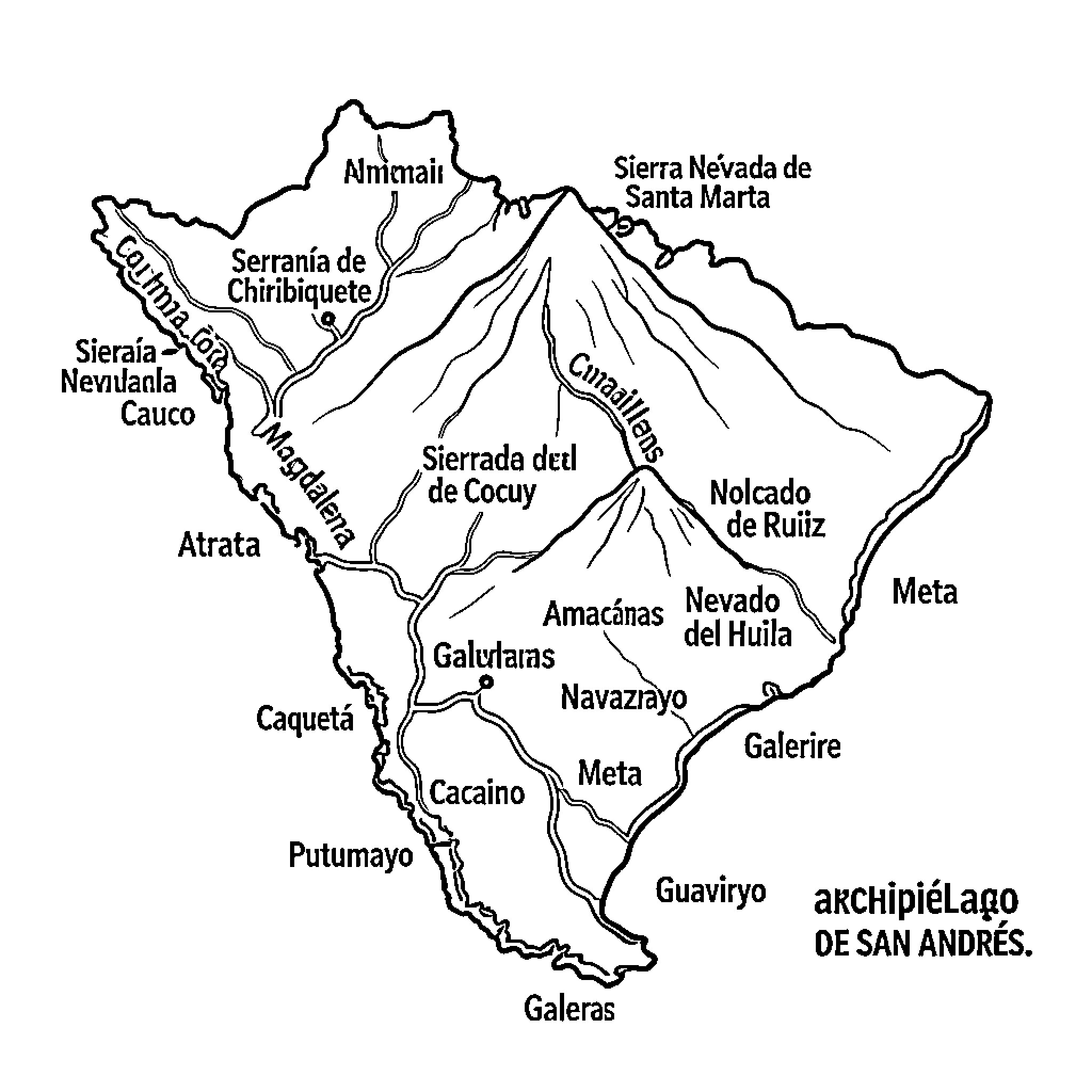 Colombia map displaying various geographical landmarks and regions Coloring Page (free black-and-white line drawing printable PDF for all, from beginners to advanced learners, including children, teens, adults, and seniors)