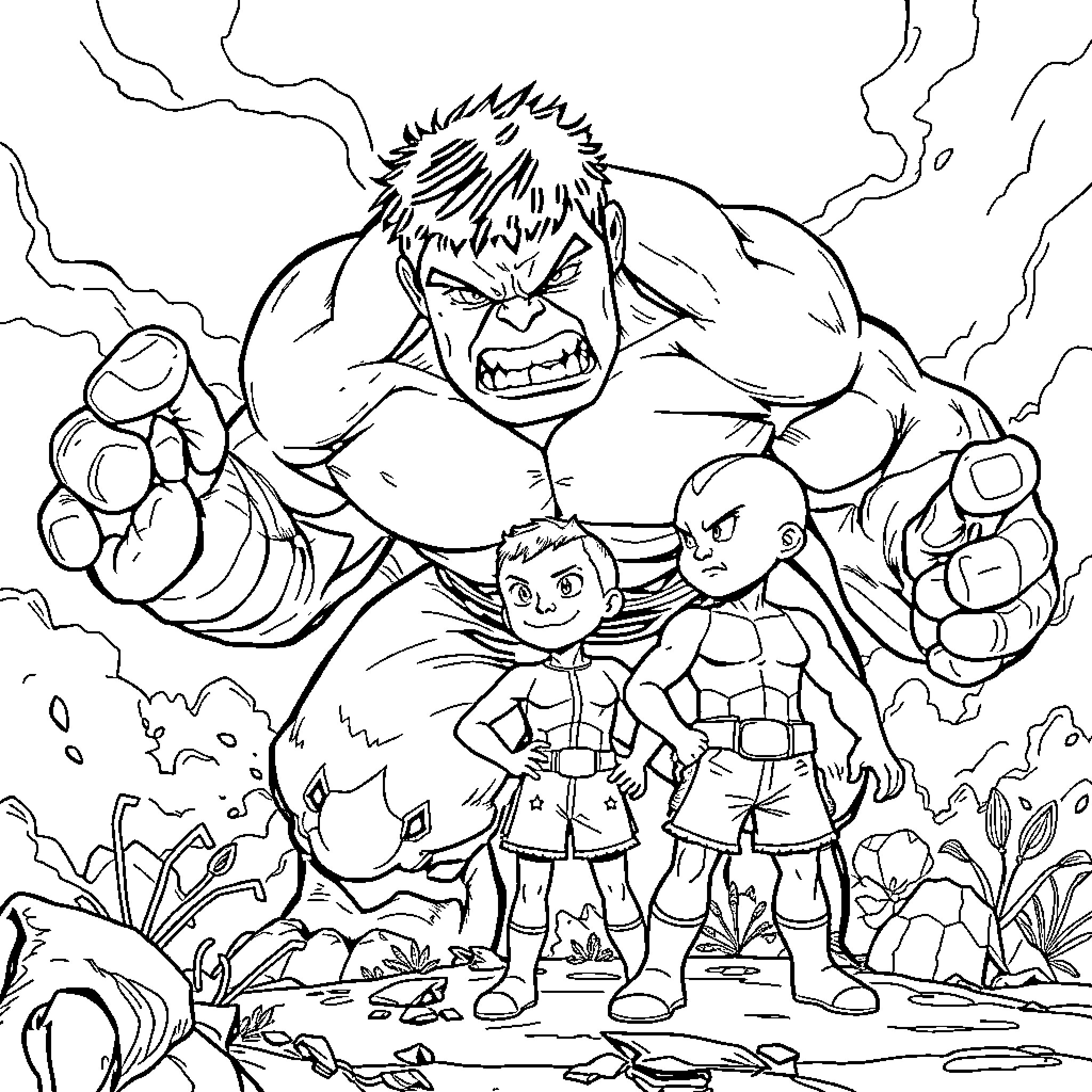 Upin Ipin facing powerful superhuman with strength Coloring Page (free black-and-white line drawing printable PDF for all, from beginners to advanced learners, including children, teens, adults, and seniors)