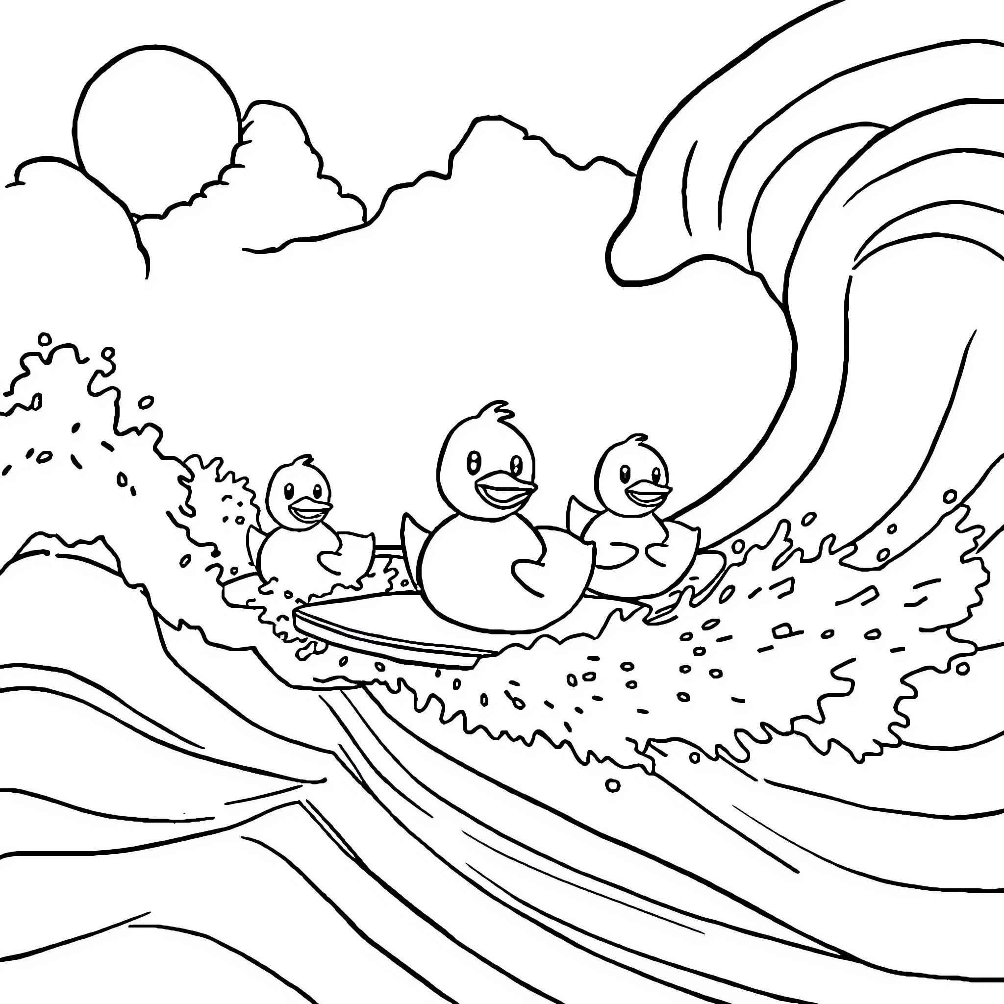 Rubber Duck Trio Surfing Waves Coloring Page (free black-and-white line drawing printable PDF for all, from beginners to advanced learners, including children, teens, adults, and seniors)