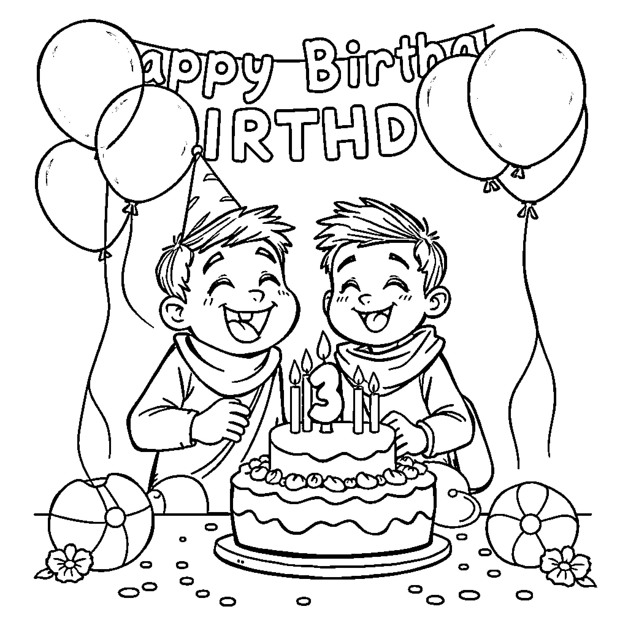 Bing Kids Celebrating Happy Birthday with Cake and Balloons Coloring Page (free black-and-white line drawing printable PDF for all, from beginners to advanced learners, including children, teens, adults, and seniors)