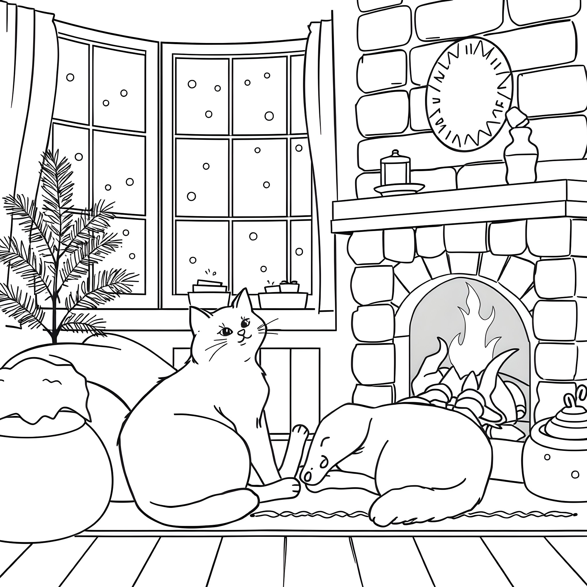 Cat relaxing by the cozy fireplace Coloring Page (free black-and-white line drawing printable PDF for all, from beginners to advanced learners, including children, teens, adults, and seniors)