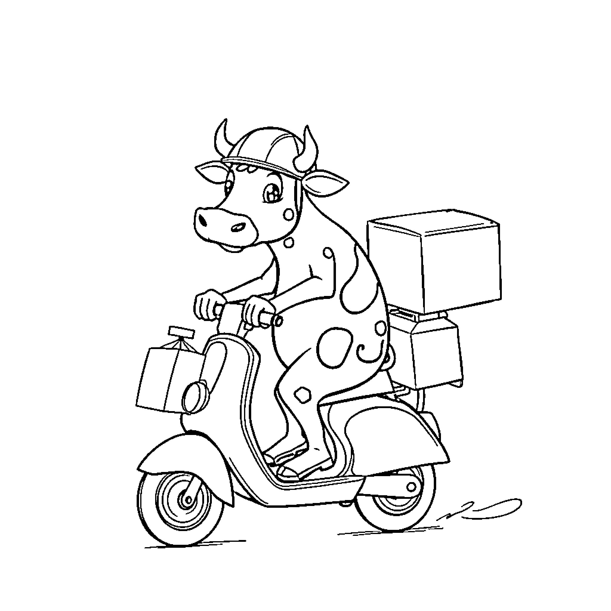 Cow delivering packages on a scooter Coloring Page (free black-and-white line drawing printable PDF for all, from beginners to advanced learners, including children, teens, adults, and seniors)