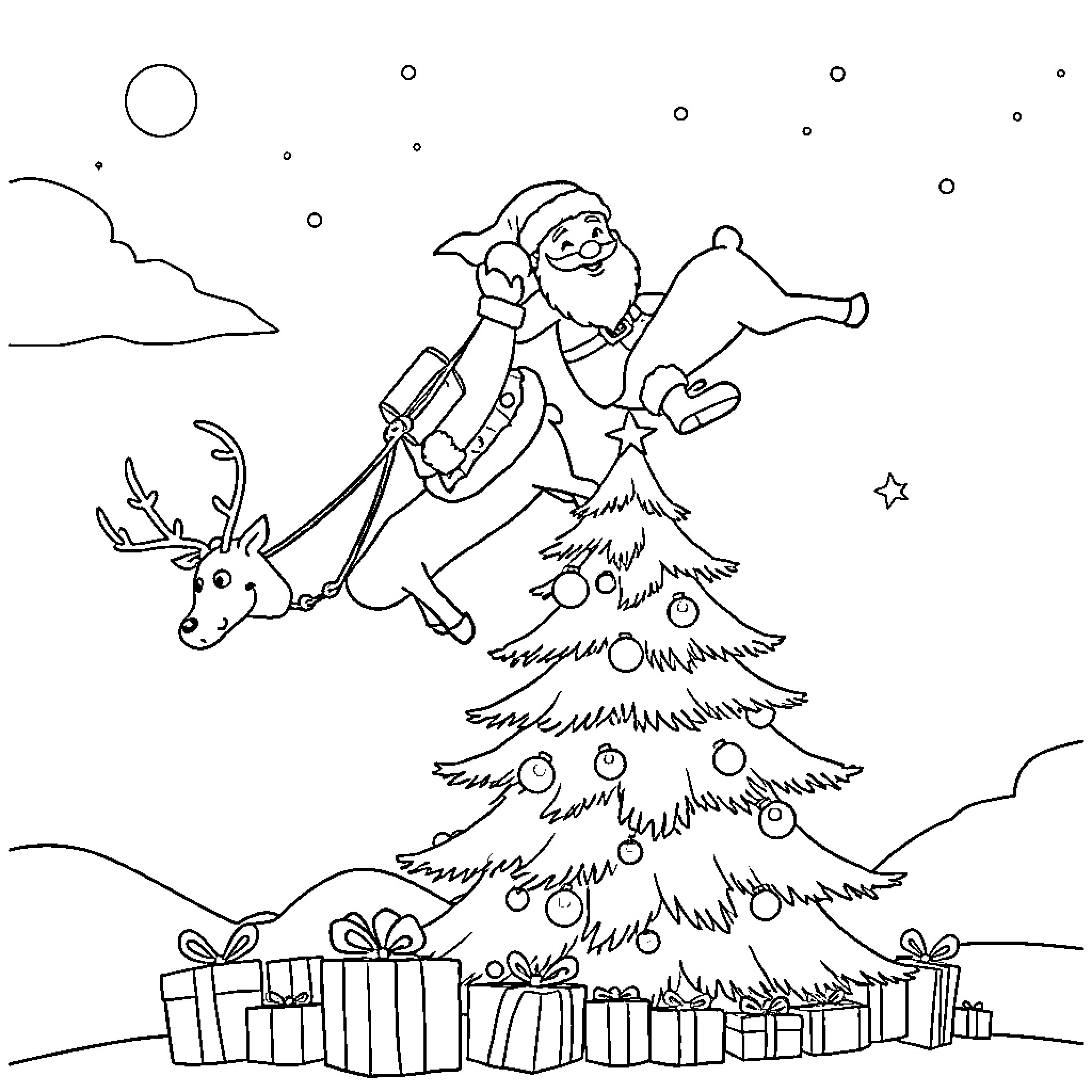 Santa Decorating Christmas Tree with Reindeer Coloring Page (free black-and-white line drawing printable PDF for all, from beginners to advanced learners, including children, teens, adults, and seniors)