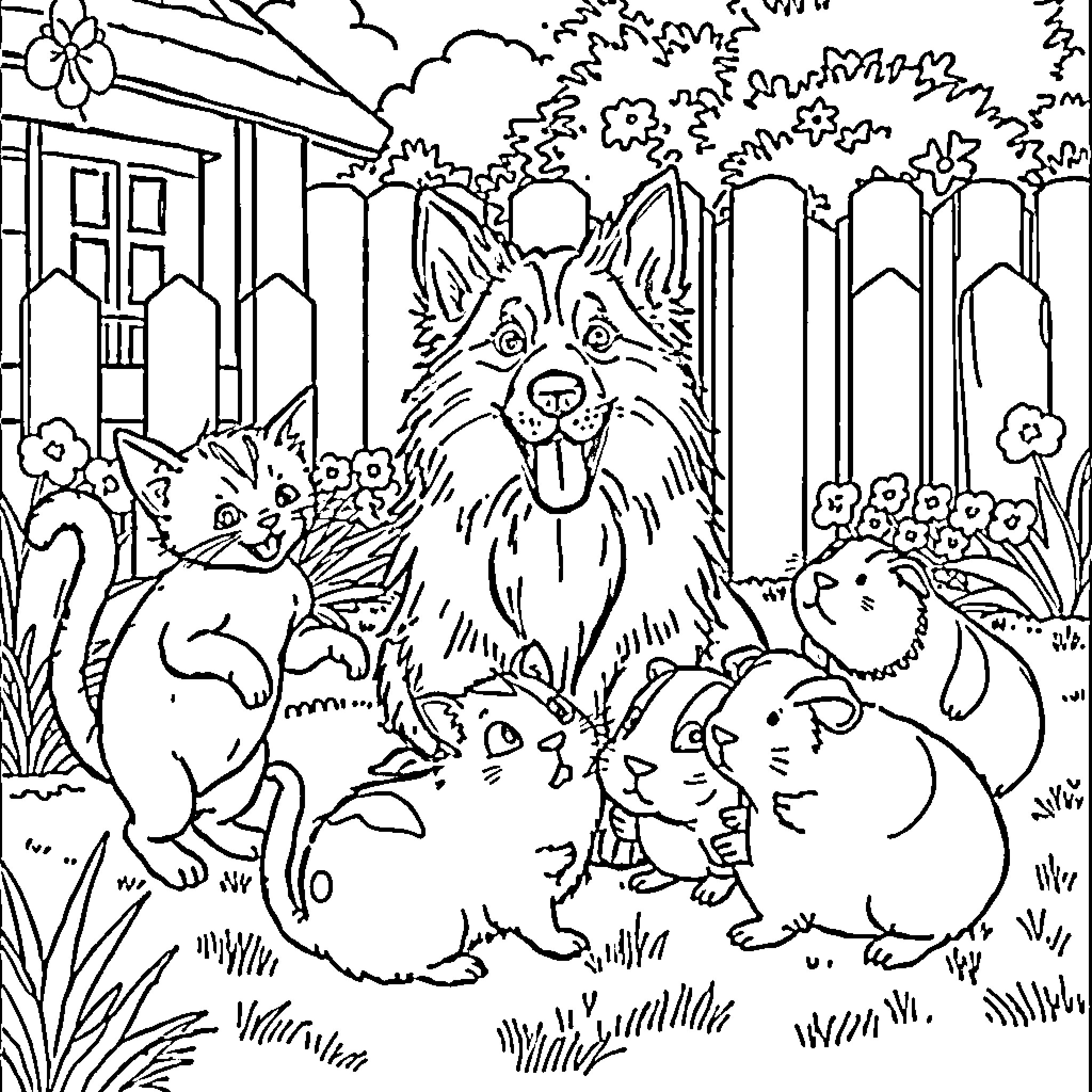Kitty friends enjoying a day outdoors Coloring Page (free black-and-white line drawing printable PDF for all, from beginners to advanced learners, including children, teens, adults, and seniors)