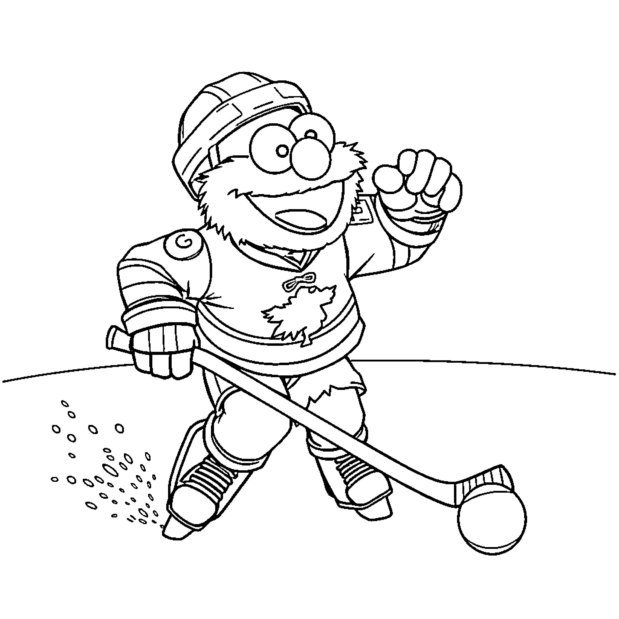 Cookie Monster playing hockey happily on the ice Coloring Page (free black-and-white line drawing printable PDF for all, from beginners to advanced learners, including children, teens, adults, and seniors)