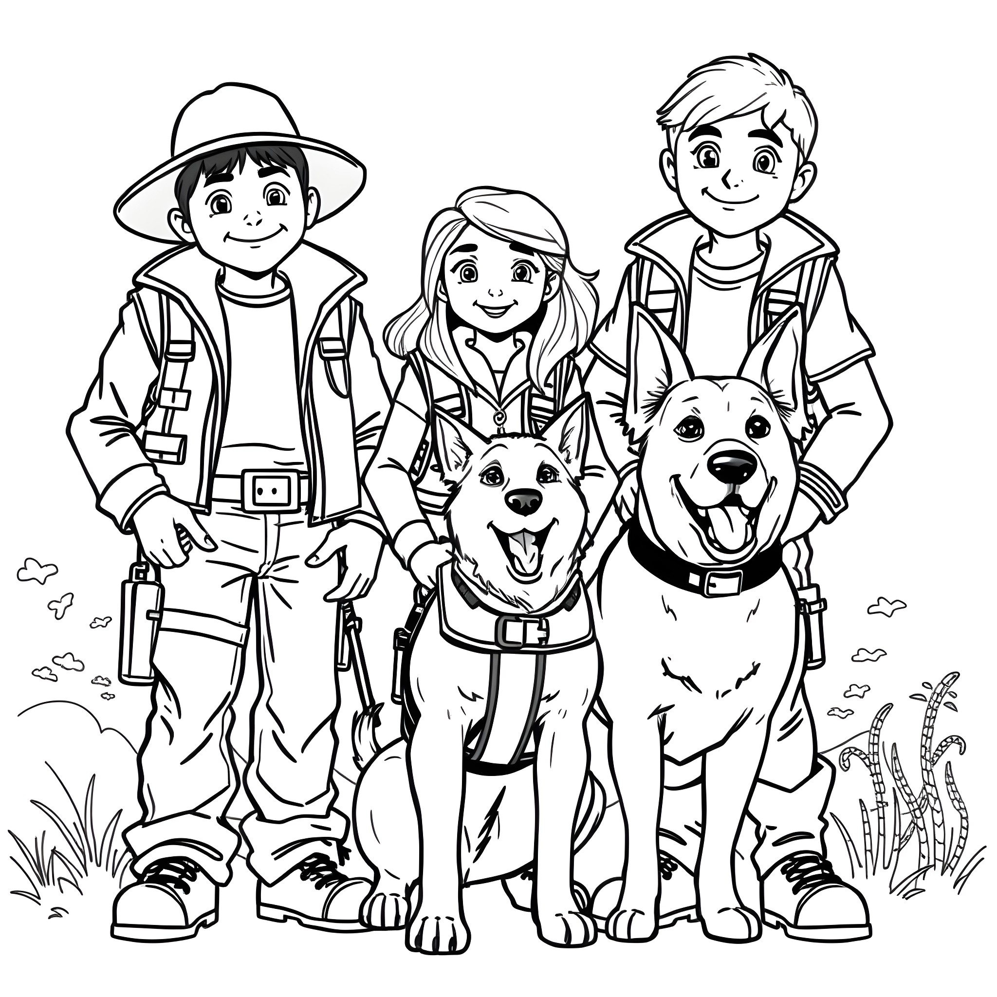 Teen Girl and Companions on Outdoor Adventure Coloring Page (free black-and-white line drawing printable PDF for all, from beginners to advanced learners, including children, teens, adults, and seniors)