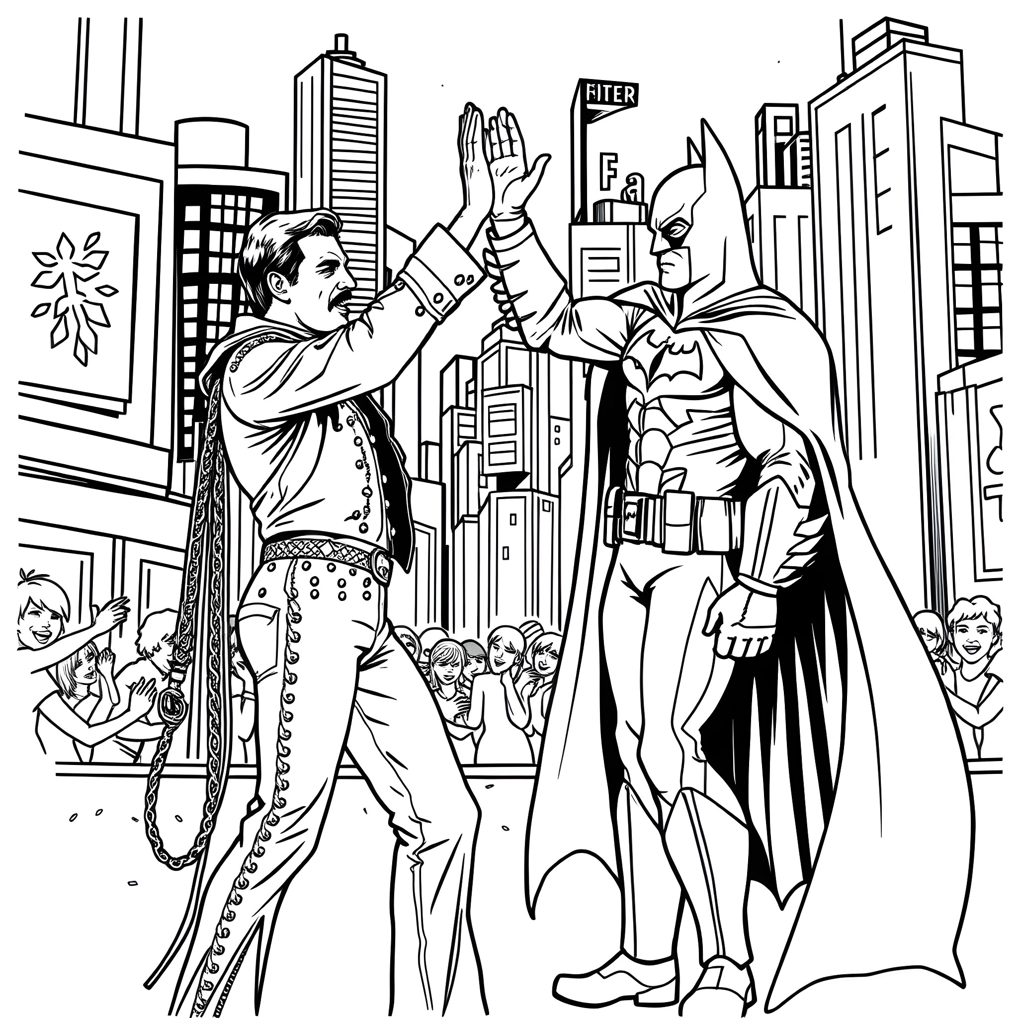 Freddie Mercury Meets the Caped Crusader in the City Coloring Page (free black-and-white line drawing printable PDF for all, from beginners to advanced learners, including children, teens, adults, and seniors)