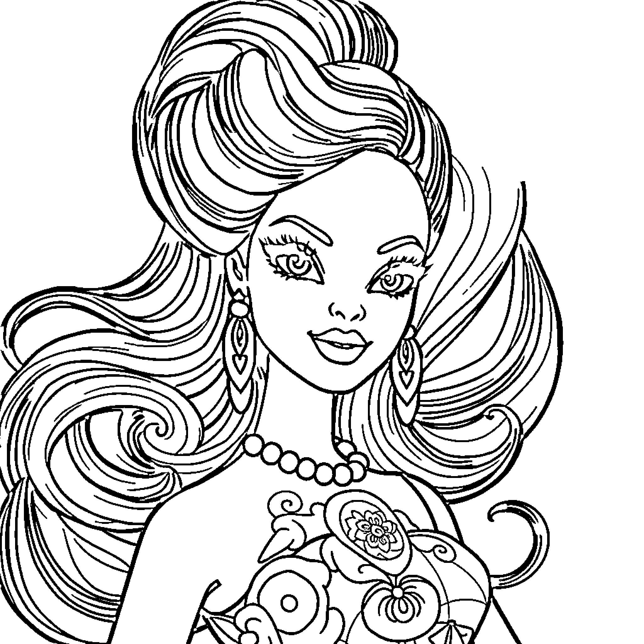 Barbie in Elegant Floral Dress and Flowing Hair Coloring Page (free black-and-white line drawing printable PDF for all, from beginners to advanced learners, including children, teens, adults, and seniors)