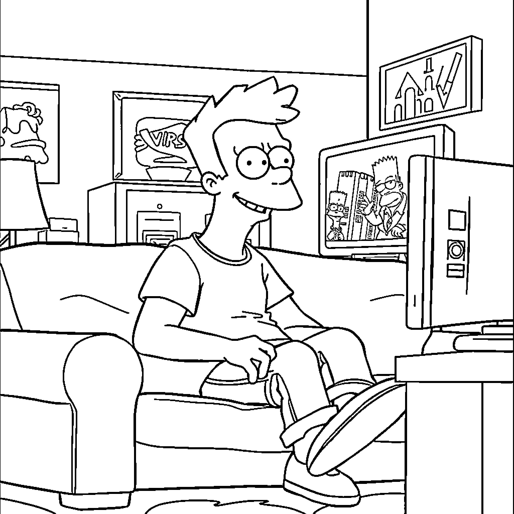 Darbi's Cozy Game Room Coloring Page (free black-and-white line drawing printable PDF for all, from beginners to advanced learners, including children, teens, adults, and seniors)