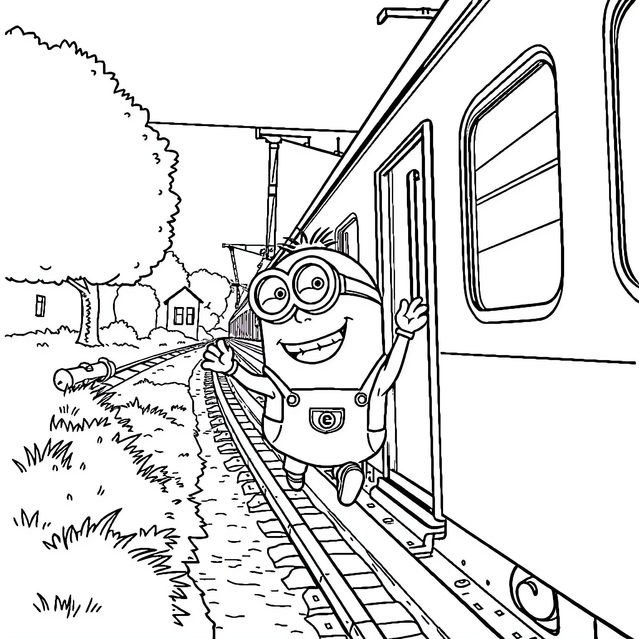 Minion waving from a train in the countryside Coloring Page (free black-and-white line drawing printable PDF for all, from beginners to advanced learners, including children, teens, adults, and seniors)