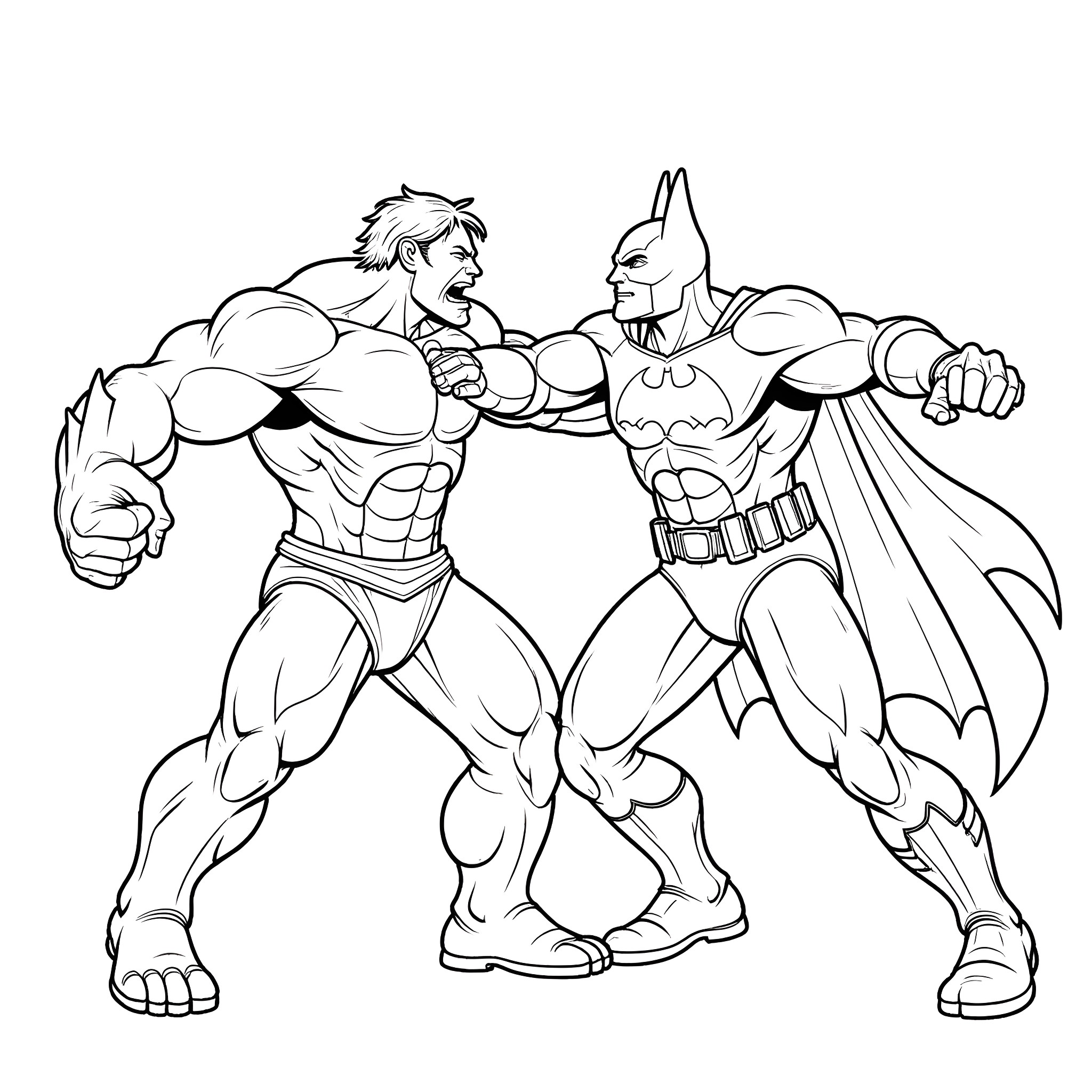 Hulk Battling Caped Superhero in Dramatic Scene Coloring Page (free black-and-white line drawing printable PDF for all, from beginners to advanced learners, including children, teens, adults, and seniors)