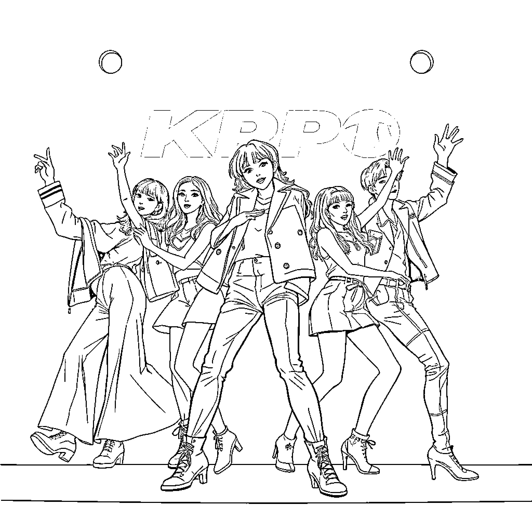 Kpop idols performing on stage energetically Coloring Page (free black-and-white line drawing printable PDF for all, from beginners to advanced learners, including children, teens, adults, and seniors)