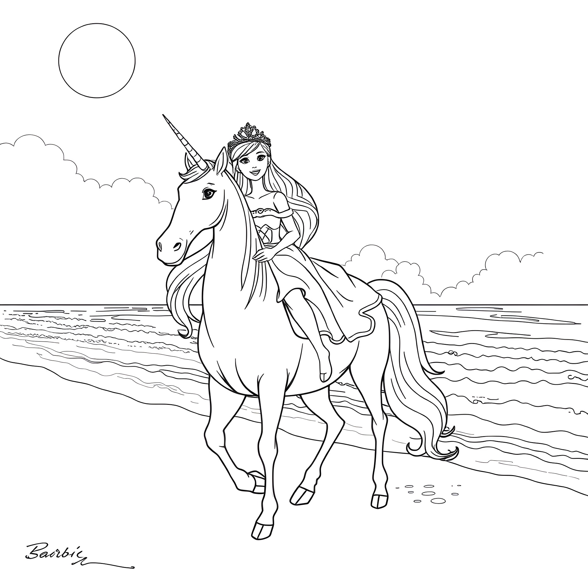Barbie riding a magical unicorn by the sea Coloring Page (free black-and-white line drawing printable PDF for all, from beginners to advanced learners, including children, teens, adults, and seniors)