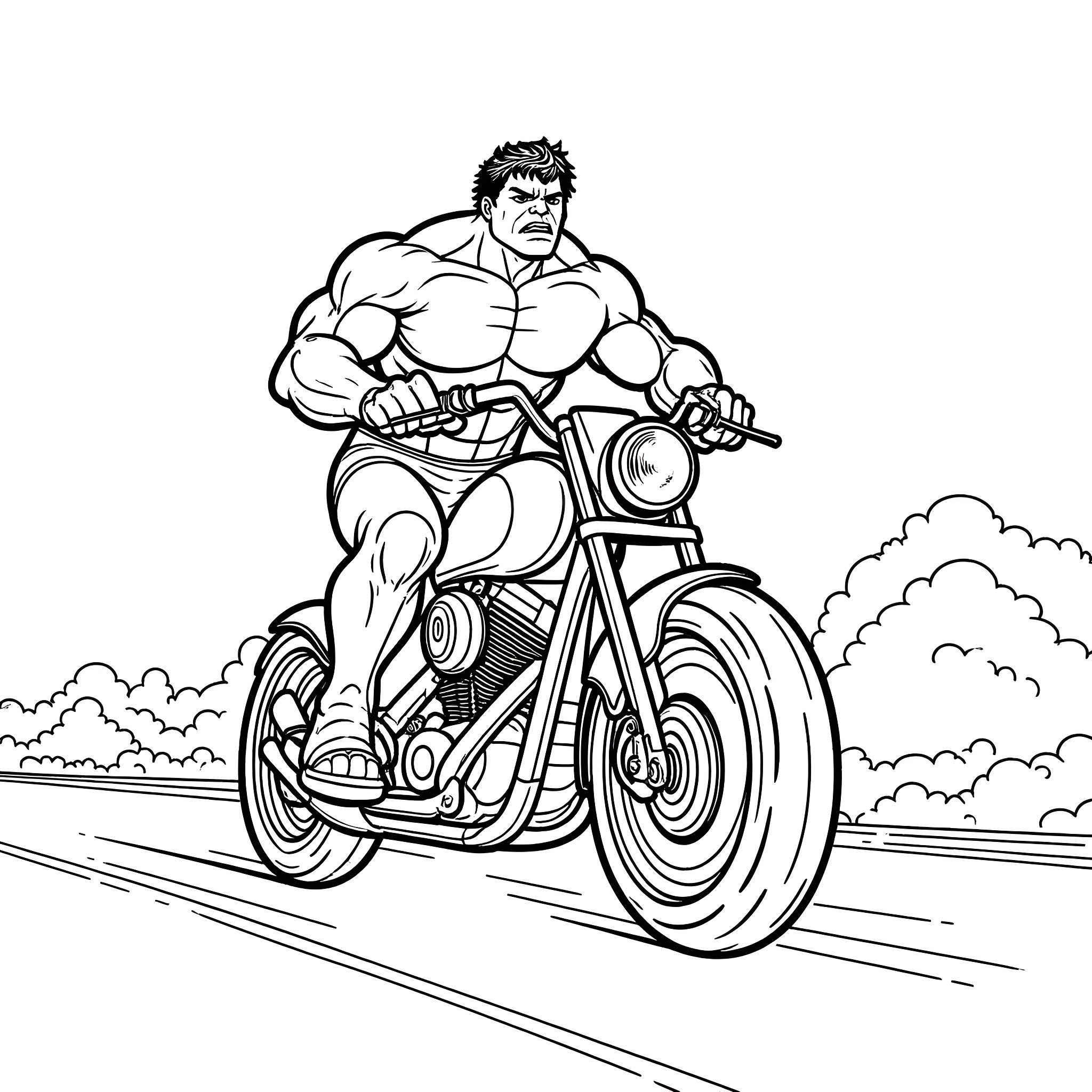 Hulk riding a powerful motorcycle Coloring Page (free black-and-white line drawing printable PDF for all, from beginners to advanced learners, including children, teens, adults, and seniors)