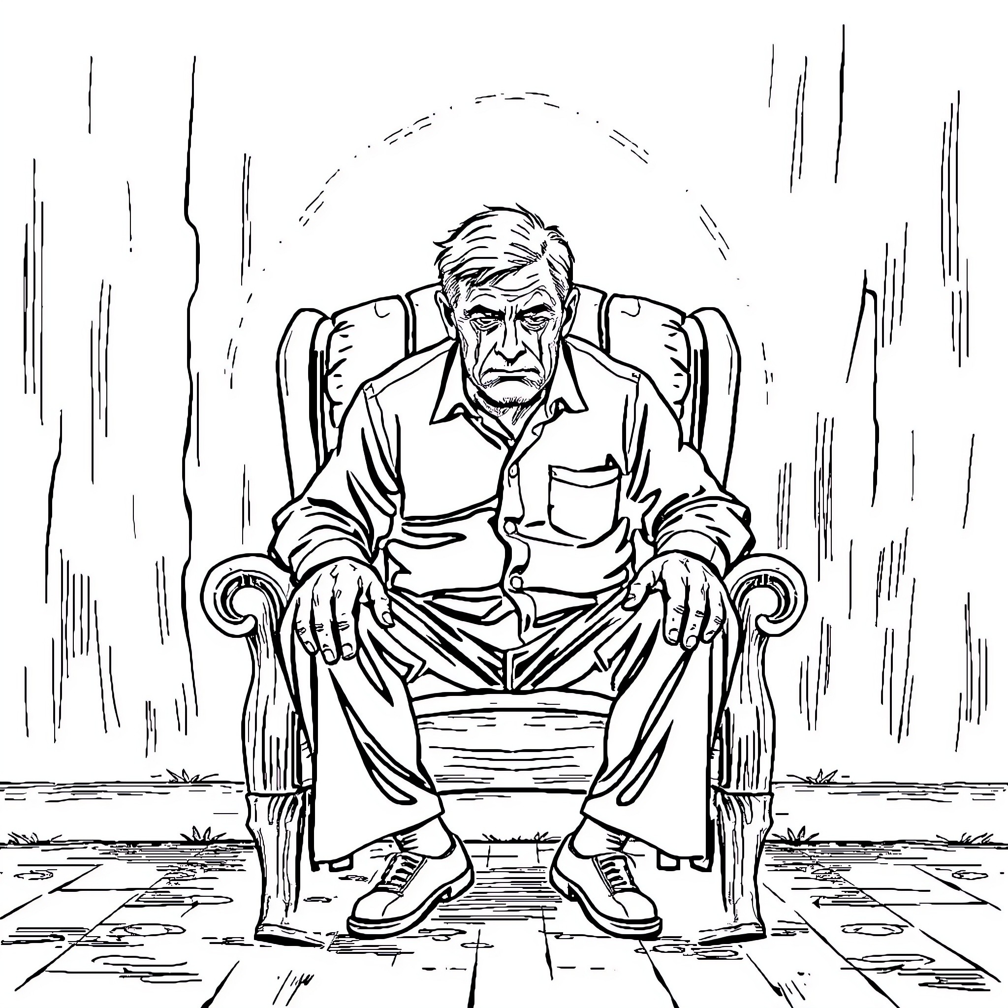 Father sitting pensively in an armchair Coloring Page (free black-and-white line drawing printable PDF for all, from beginners to advanced learners, including children, teens, adults, and seniors)