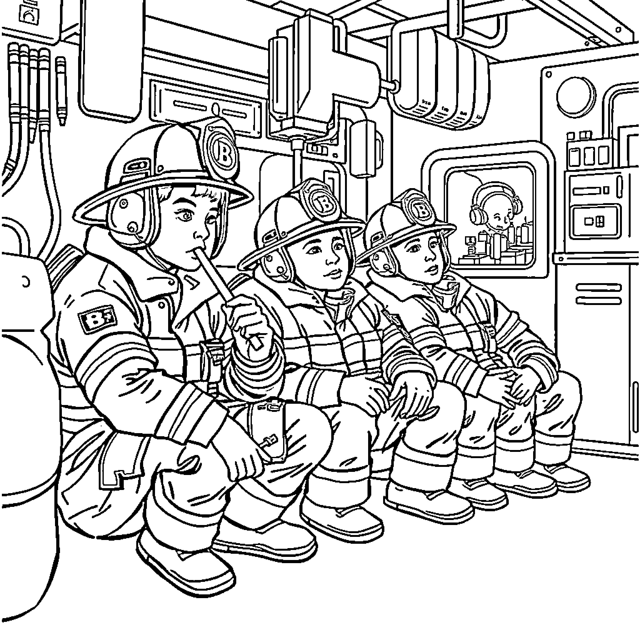 Firefighters Responding to an Emergency Situation Coloring Page (free black-and-white line drawing printable PDF for all, from beginners to advanced learners, including children, teens, adults, and seniors)