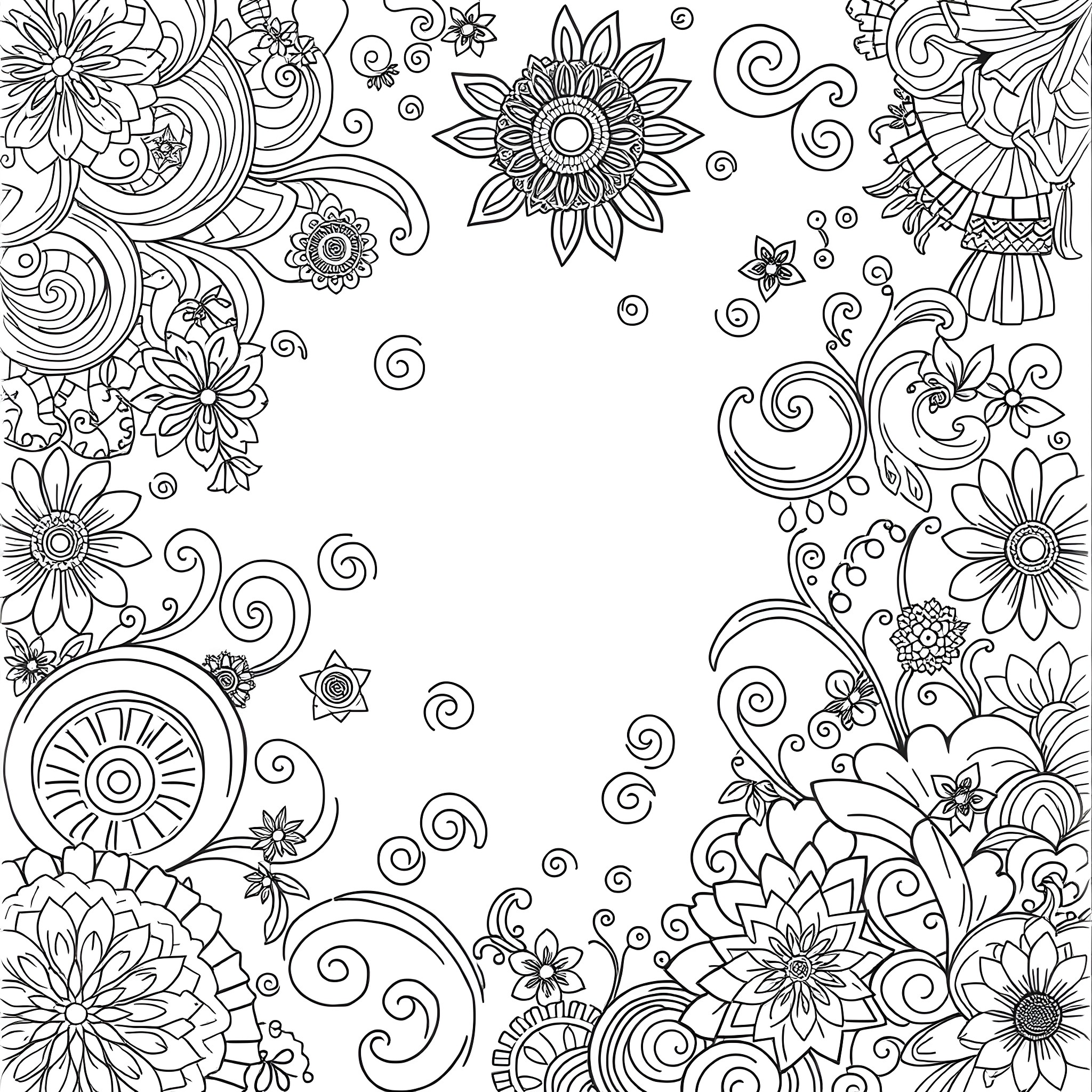 Pattern of Artistic Floral Designs Coloring Page (free black-and-white line drawing printable PDF for all, from beginners to advanced learners, including children, teens, adults, and seniors)