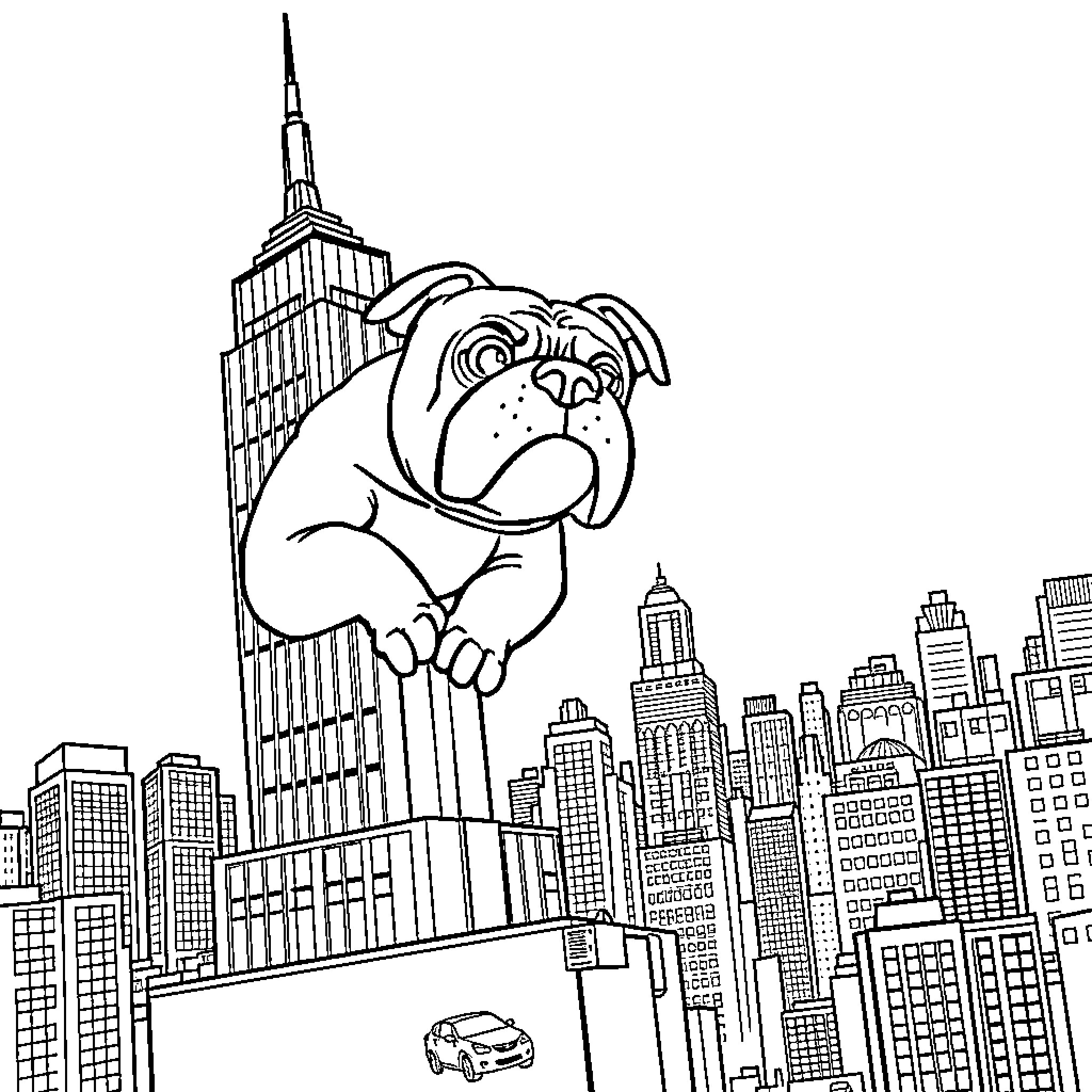 Bulldog overlooking the city skyline Coloring Page (free black-and-white line drawing printable PDF for all, from beginners to advanced learners, including children, teens, adults, and seniors)