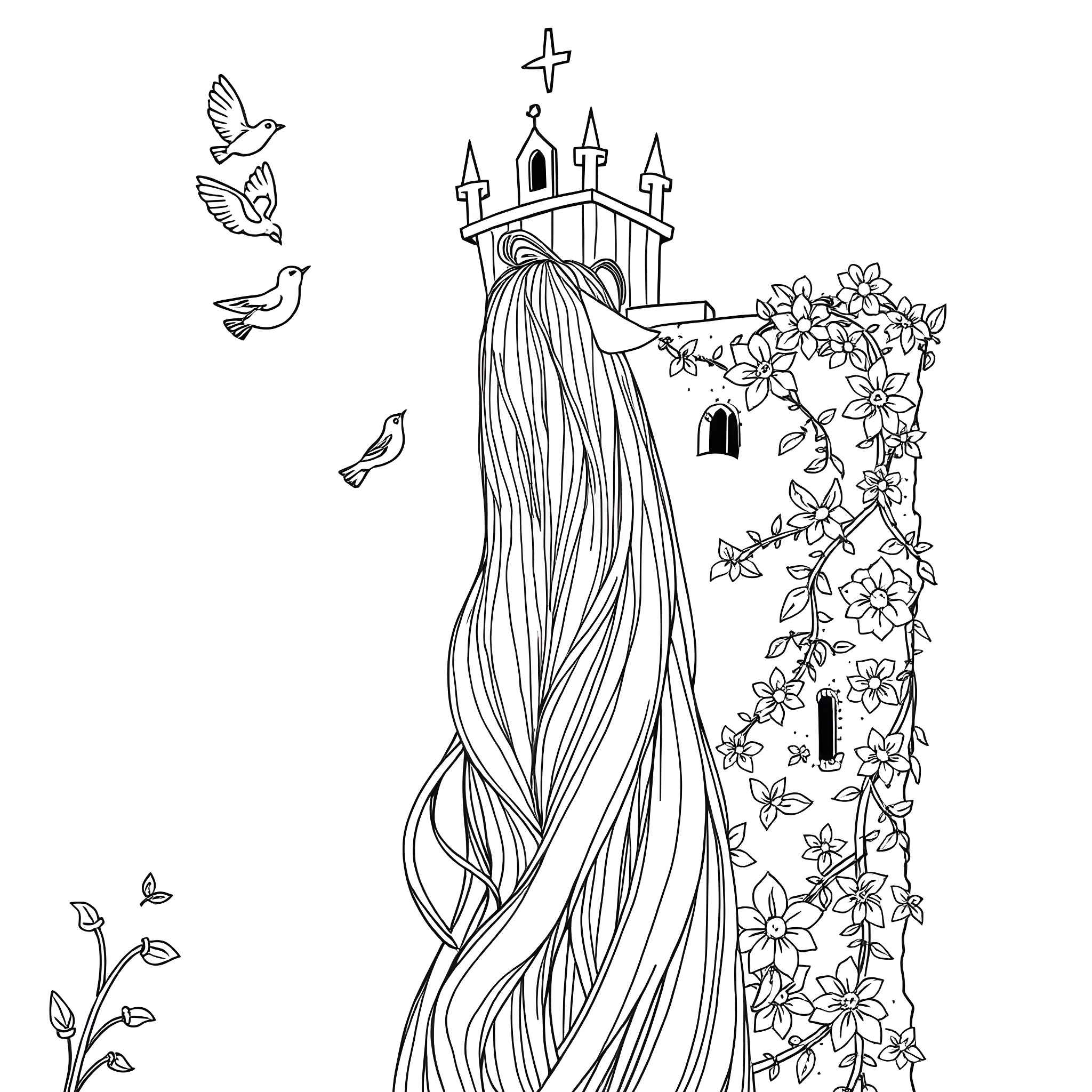Rapunzel in her tower with birds and flowers Coloring Page (free black-and-white line drawing printable PDF for all, from beginners to advanced learners, including children, teens, adults, and seniors)