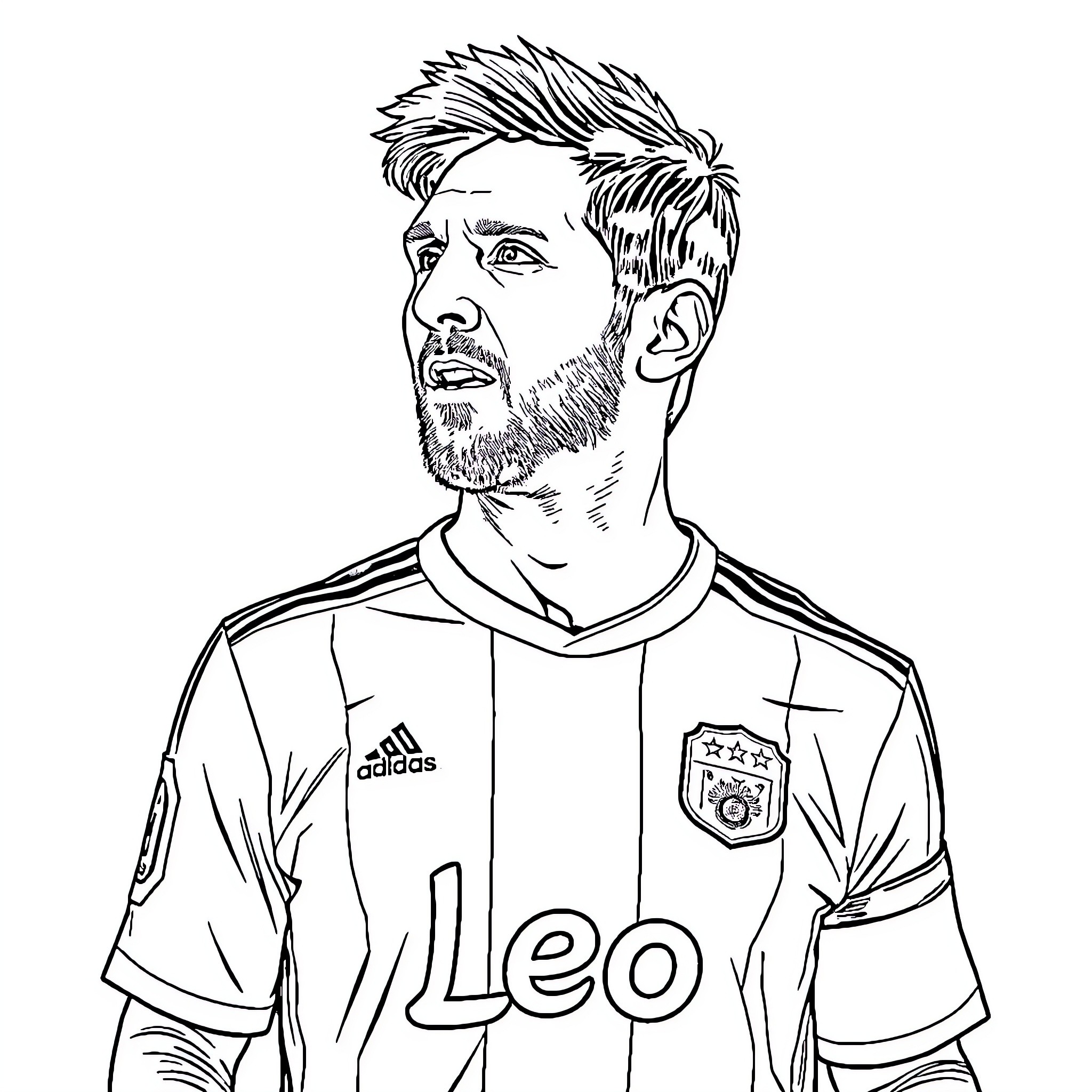 Messi in focused expression wearing soccer jersey Coloring Page (free black-and-white line drawing printable PDF for all, from beginners to advanced learners, including children, teens, adults, and seniors)