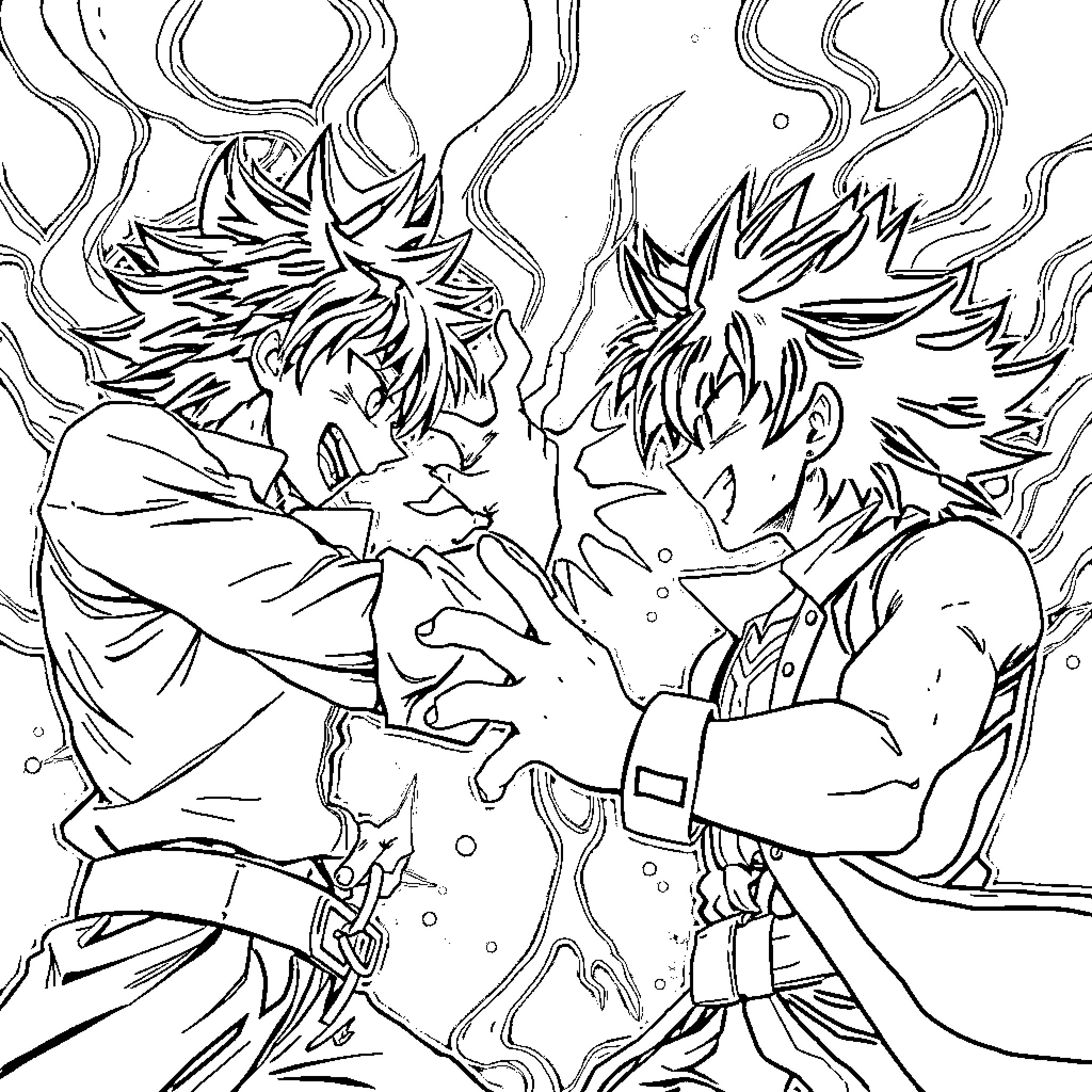Midoriya's Fiery Clash: Intense Battle Erupts Coloring Page (free black-and-white line drawing printable PDF for all, from beginners to advanced learners, including children, teens, adults, and seniors)