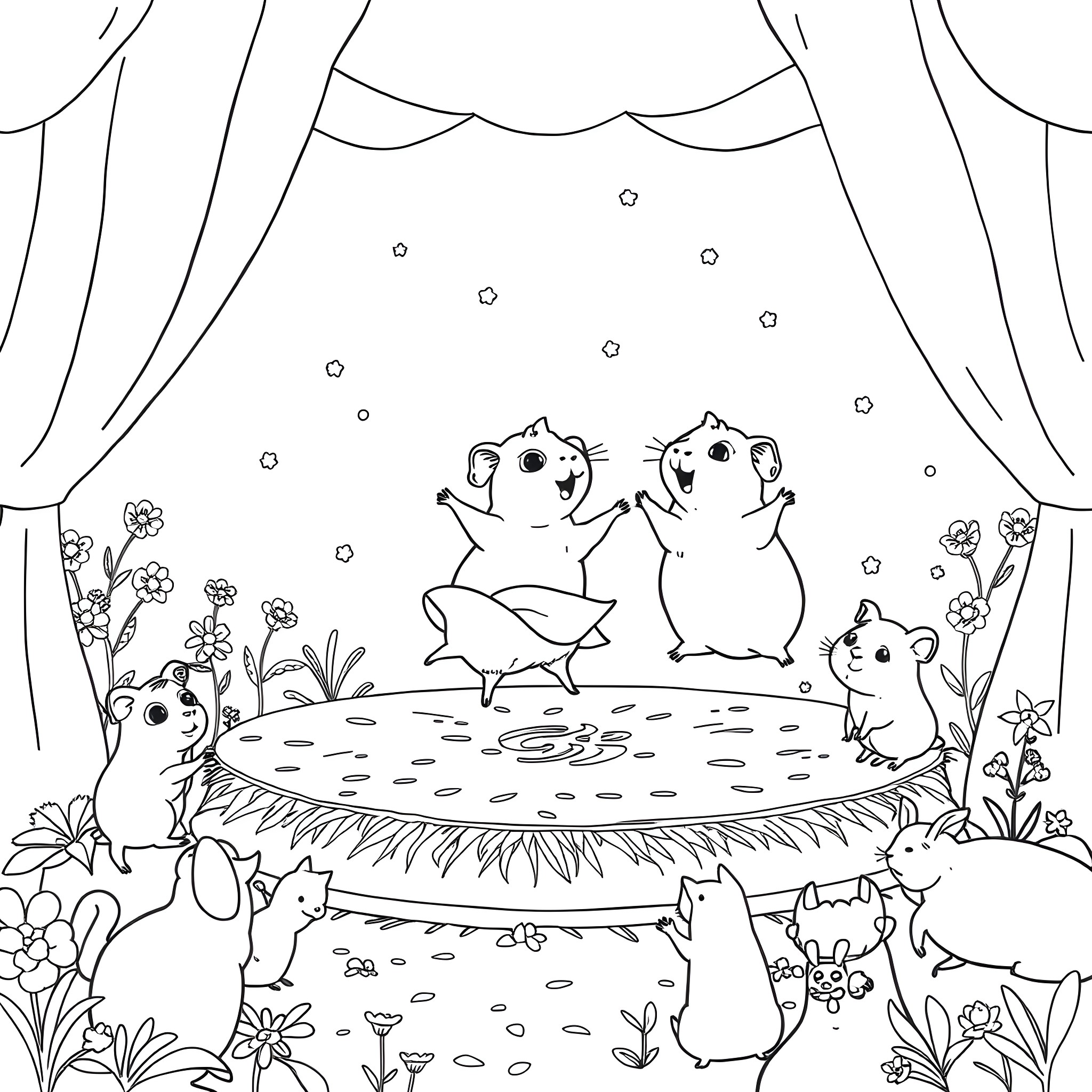Guinea Pigs Performing on Stage with Floral Backdrop Coloring Page (free black-and-white line drawing printable PDF for all, from beginners to advanced learners, including children, teens, adults, and seniors)
