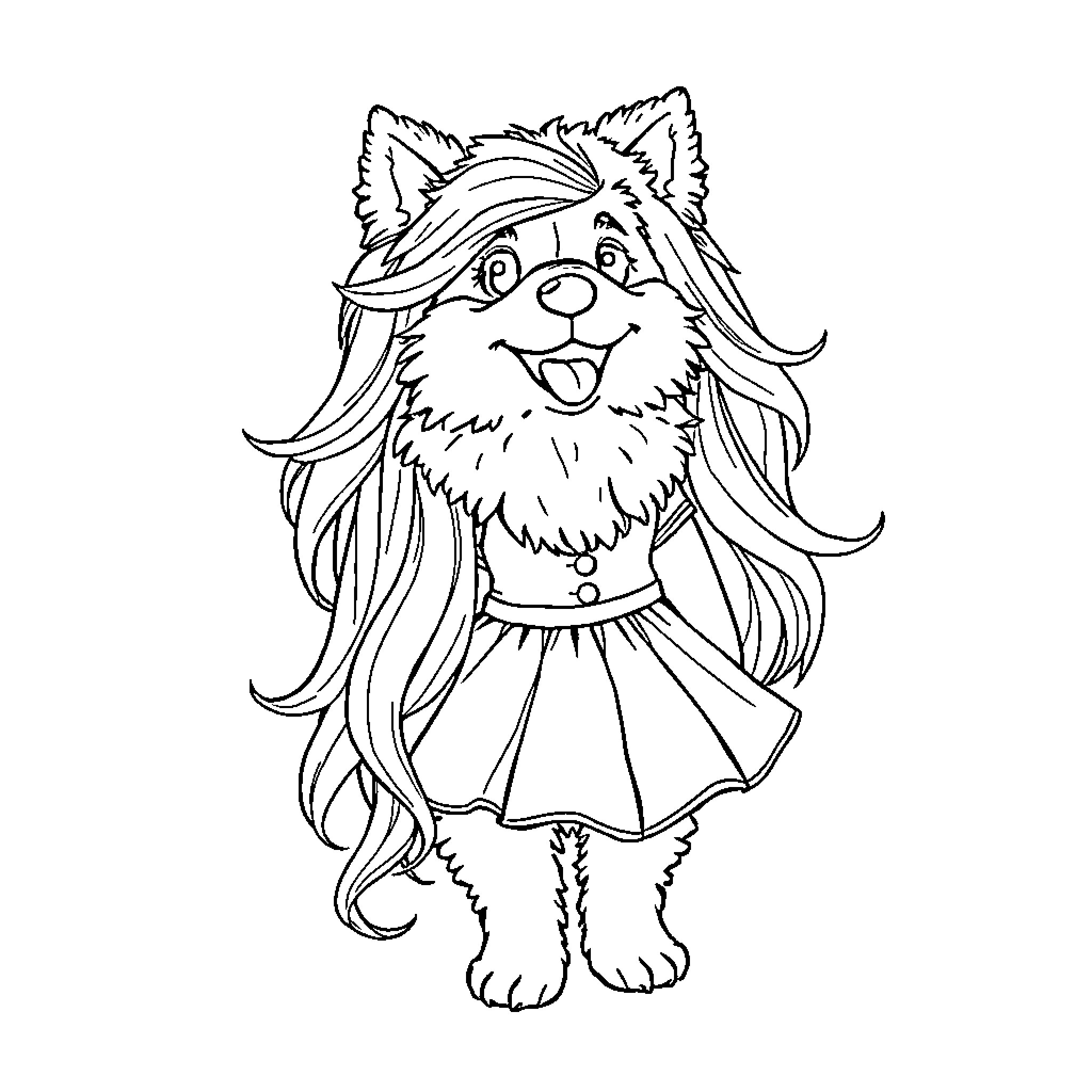 Dog in Fancy Dress Costume Coloring Page (free black-and-white line drawing printable PDF for all, from beginners to advanced learners, including children, teens, adults, and seniors)