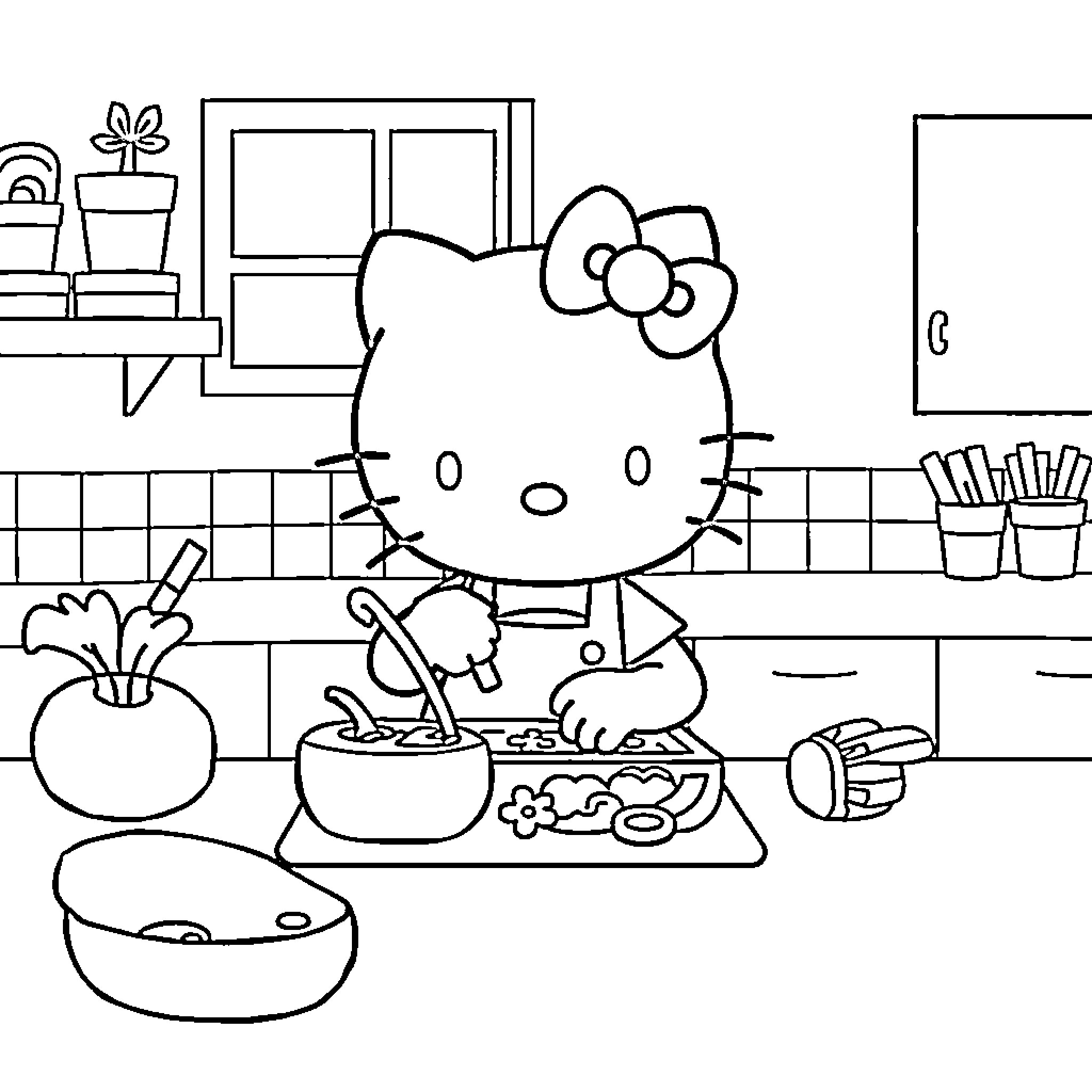 Hello Kitty cooking in the kitchen Coloring Page (free black-and-white line drawing printable PDF for all, from beginners to advanced learners, including children, teens, adults, and seniors)