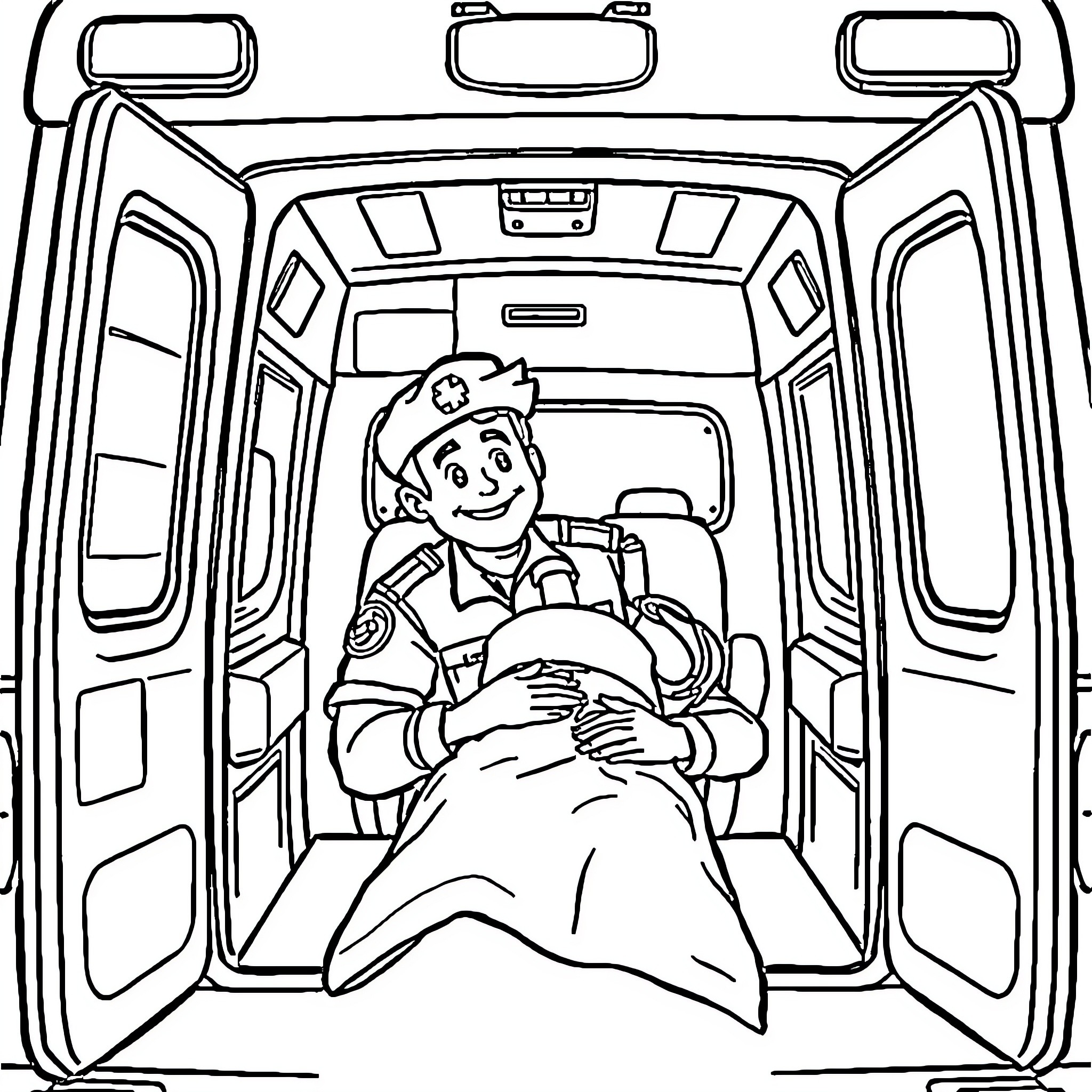 Paramedic providing care in ambulance vehicle Coloring Page (free black-and-white line drawing printable PDF for all, from beginners to advanced learners, including children, teens, adults, and seniors)