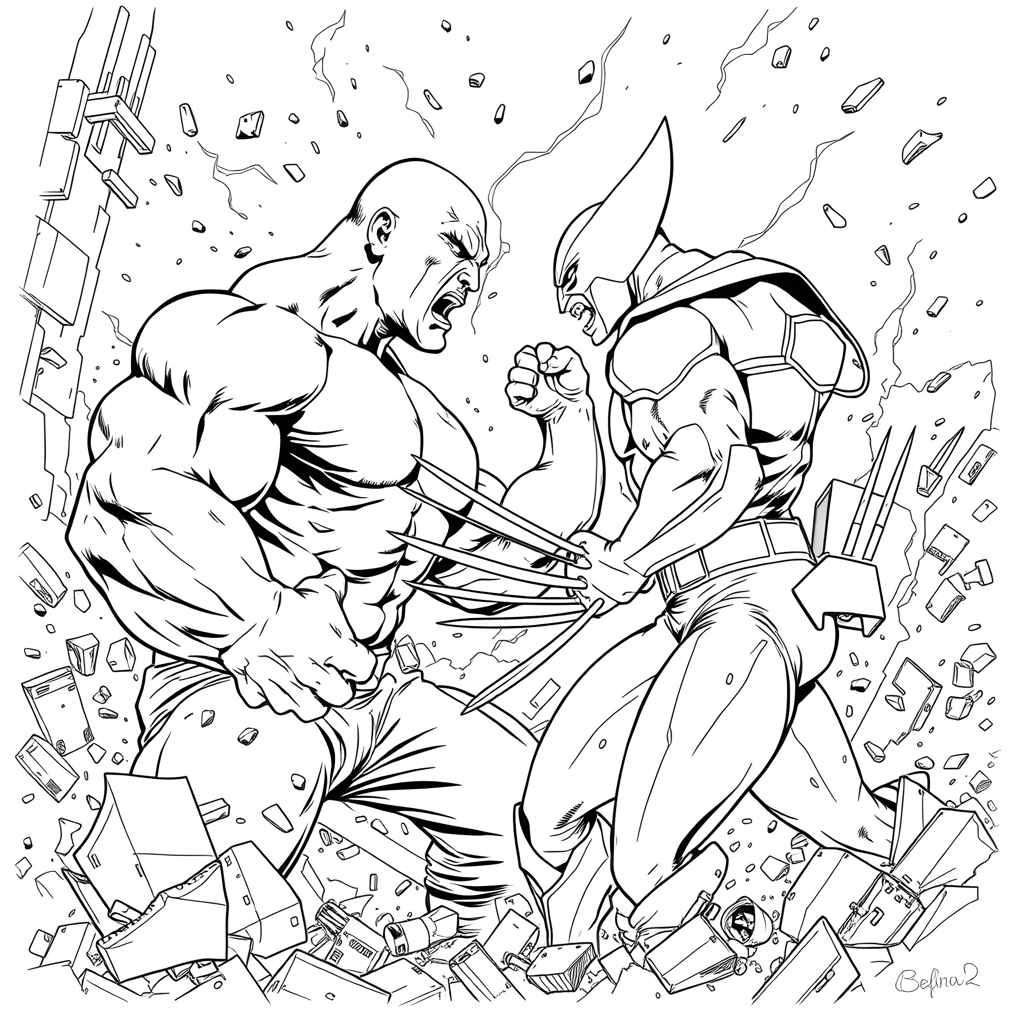 Rock'em Sock'em Robots Battling in Destruction Coloring Page (free black-and-white line drawing printable PDF for all, from beginners to advanced learners, including children, teens, adults, and seniors)