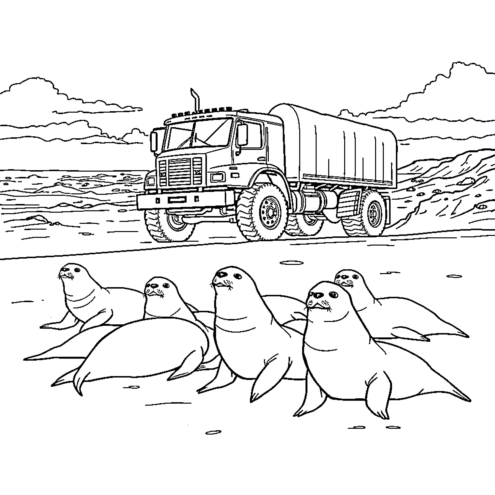 Truck hauling through icy landscape with seals Coloring Page (free black-and-white line drawing printable PDF for all, from beginners to advanced learners, including children, teens, adults, and seniors)