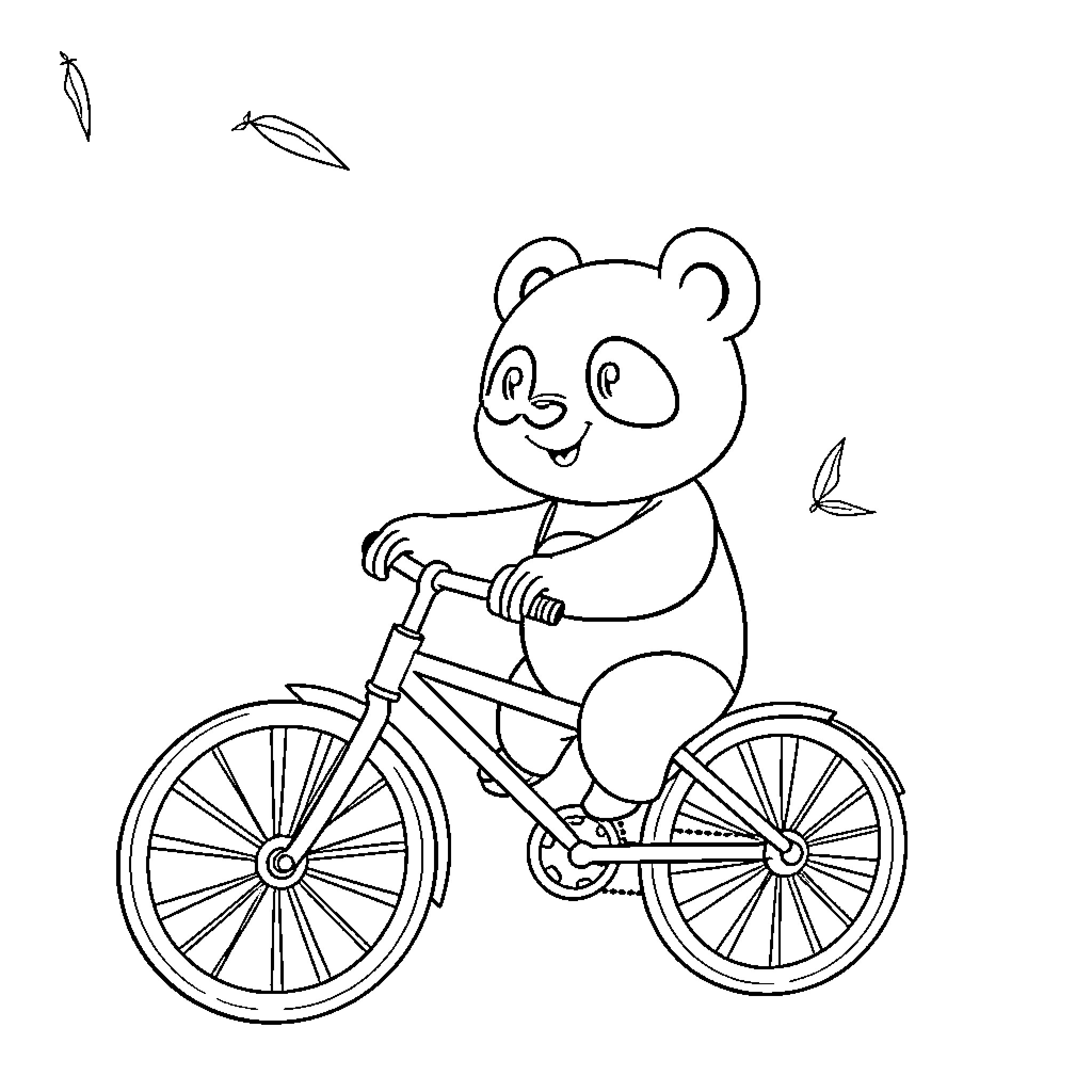 Panda riding a bicycle happily Coloring Page (free black-and-white line drawing printable PDF for all, from beginners to advanced learners, including children, teens, adults, and seniors)