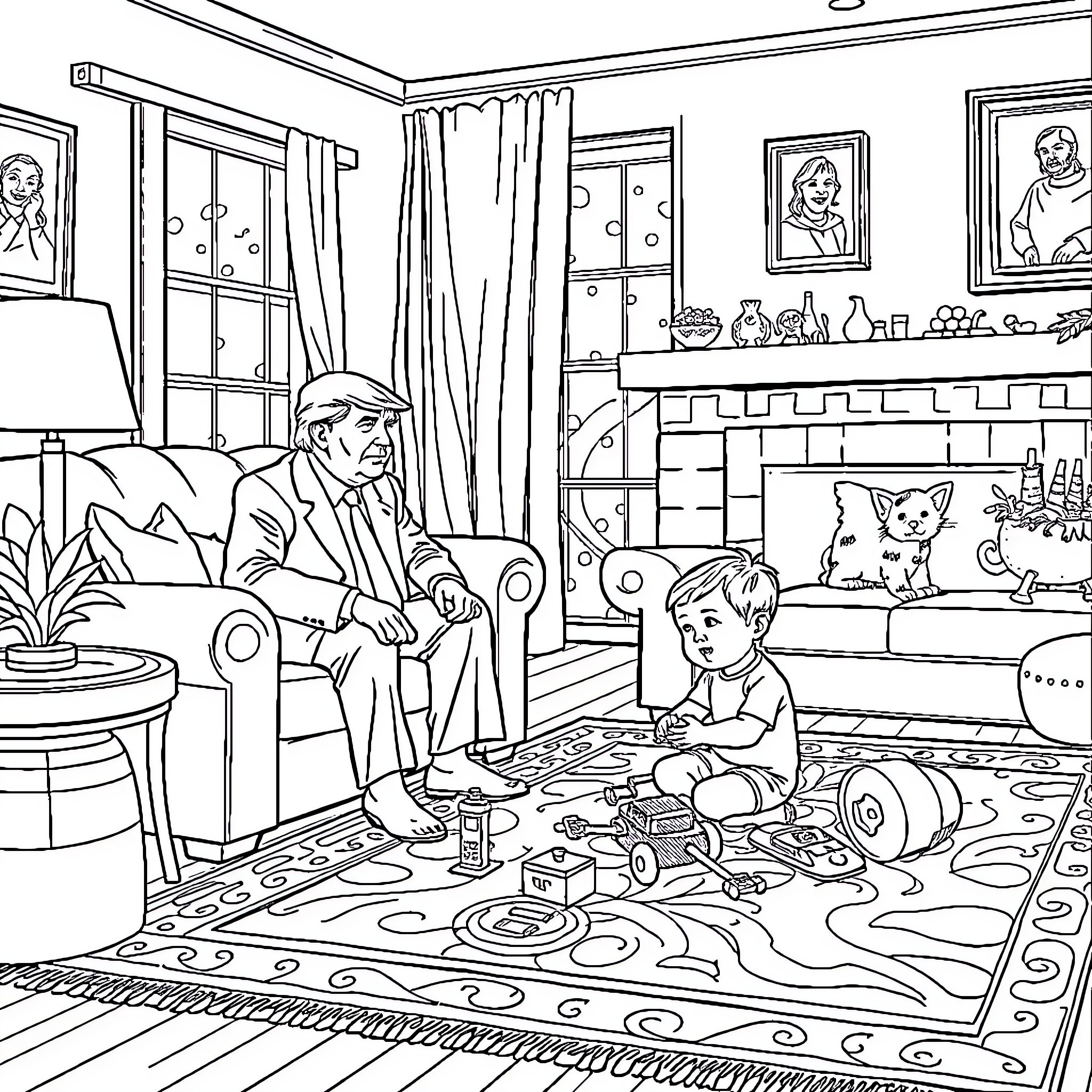 Trump Playing with Toys in a Cozy Living Room Coloring Page (free black-and-white line drawing printable PDF for all, from beginners to advanced learners, including children, teens, adults, and seniors)
