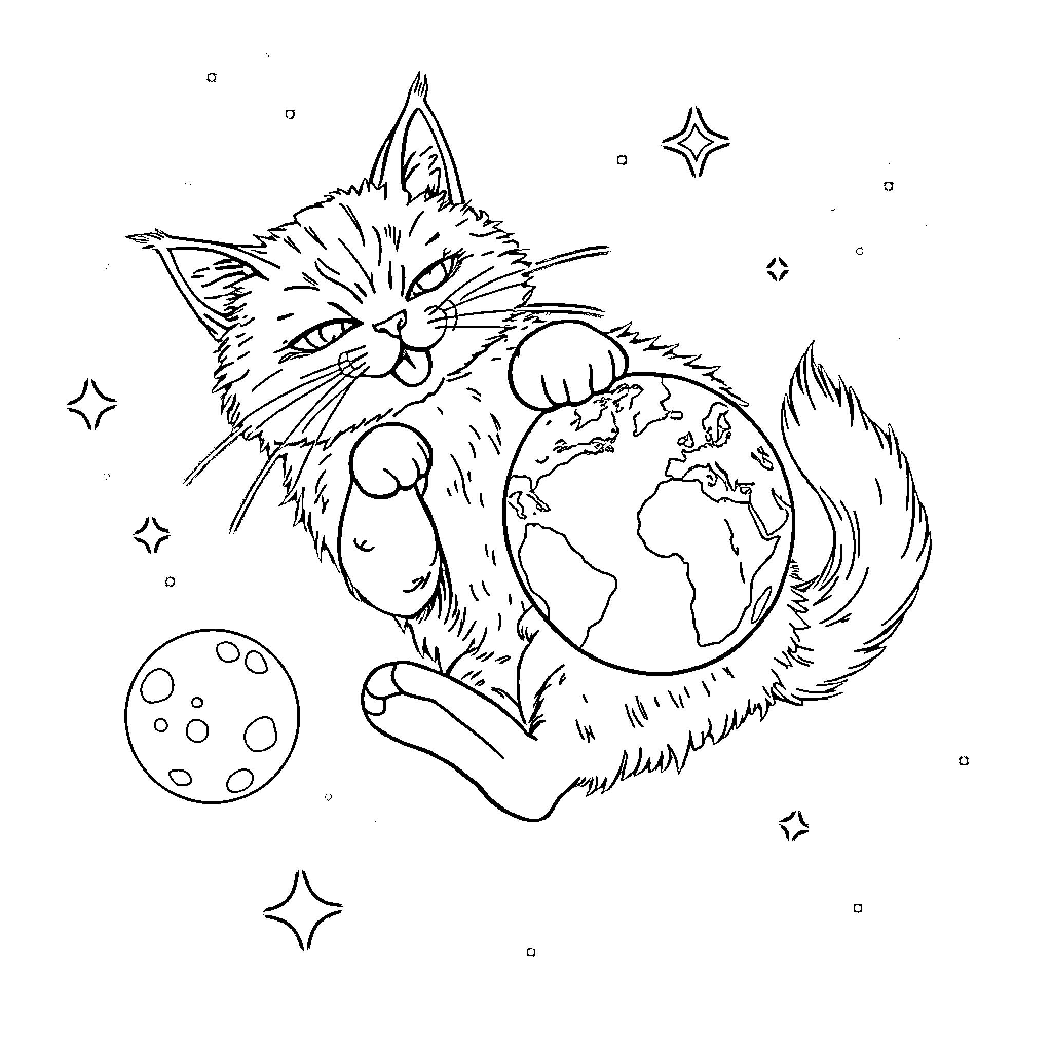 Cat Exploring the Cosmic World Coloring Page (free black-and-white line drawing printable PDF for all, from beginners to advanced learners, including children, teens, adults, and seniors)