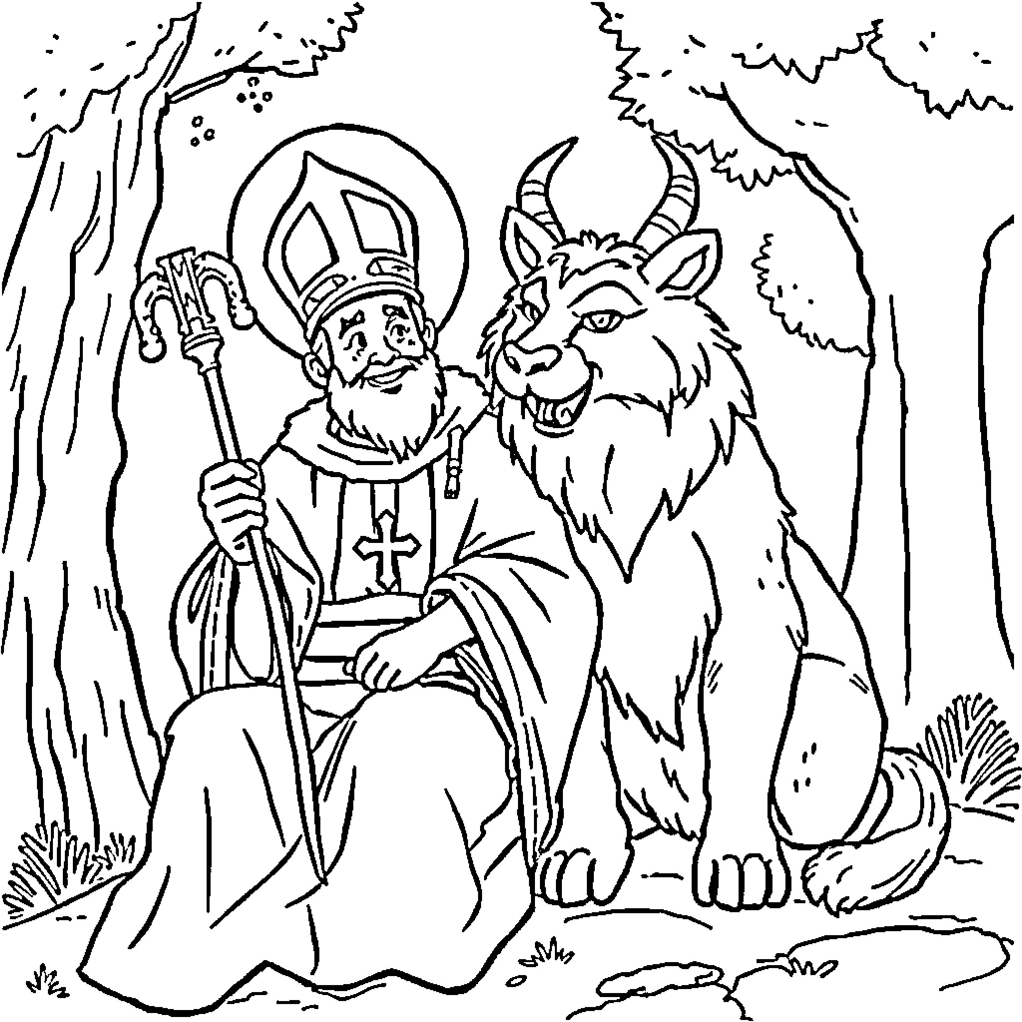 Saint François with a Creature in the Wilderness Coloring Page (free black-and-white line drawing printable PDF for all, from beginners to advanced learners, including children, teens, adults, and seniors)