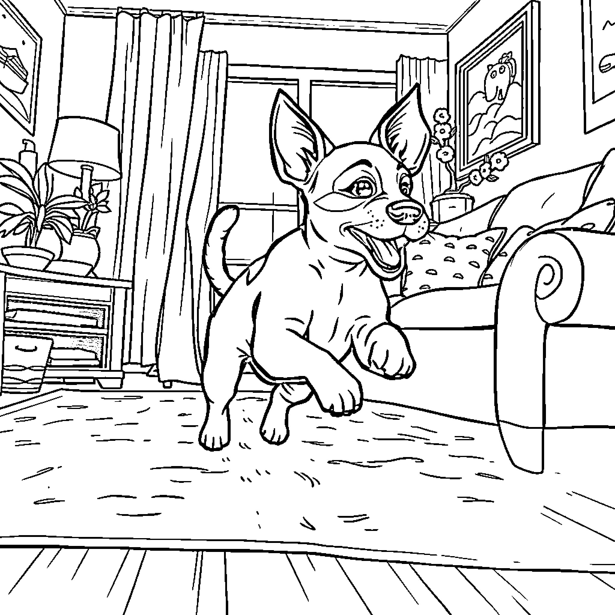 Jack Russell dog enjoying a cozy home Coloring Page (free black-and-white line drawing printable PDF for all, from beginners to advanced learners, including children, teens, adults, and seniors)