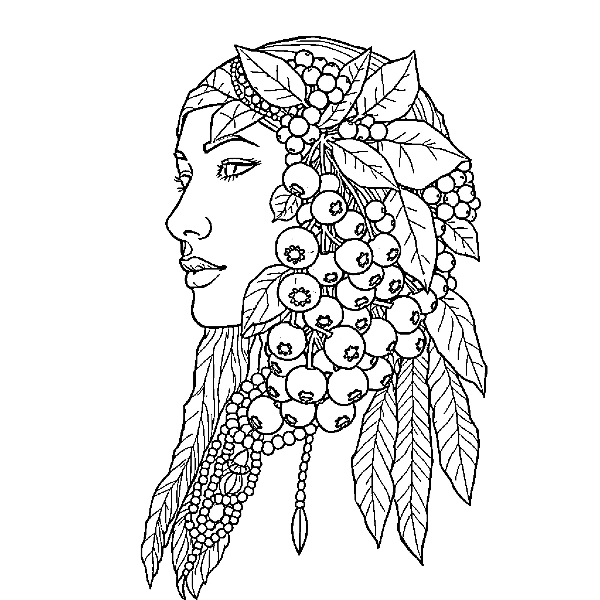 Beadwork adorned face with floral elements Coloring Page (free black-and-white line drawing printable PDF for all, from beginners to advanced learners, including children, teens, adults, and seniors)