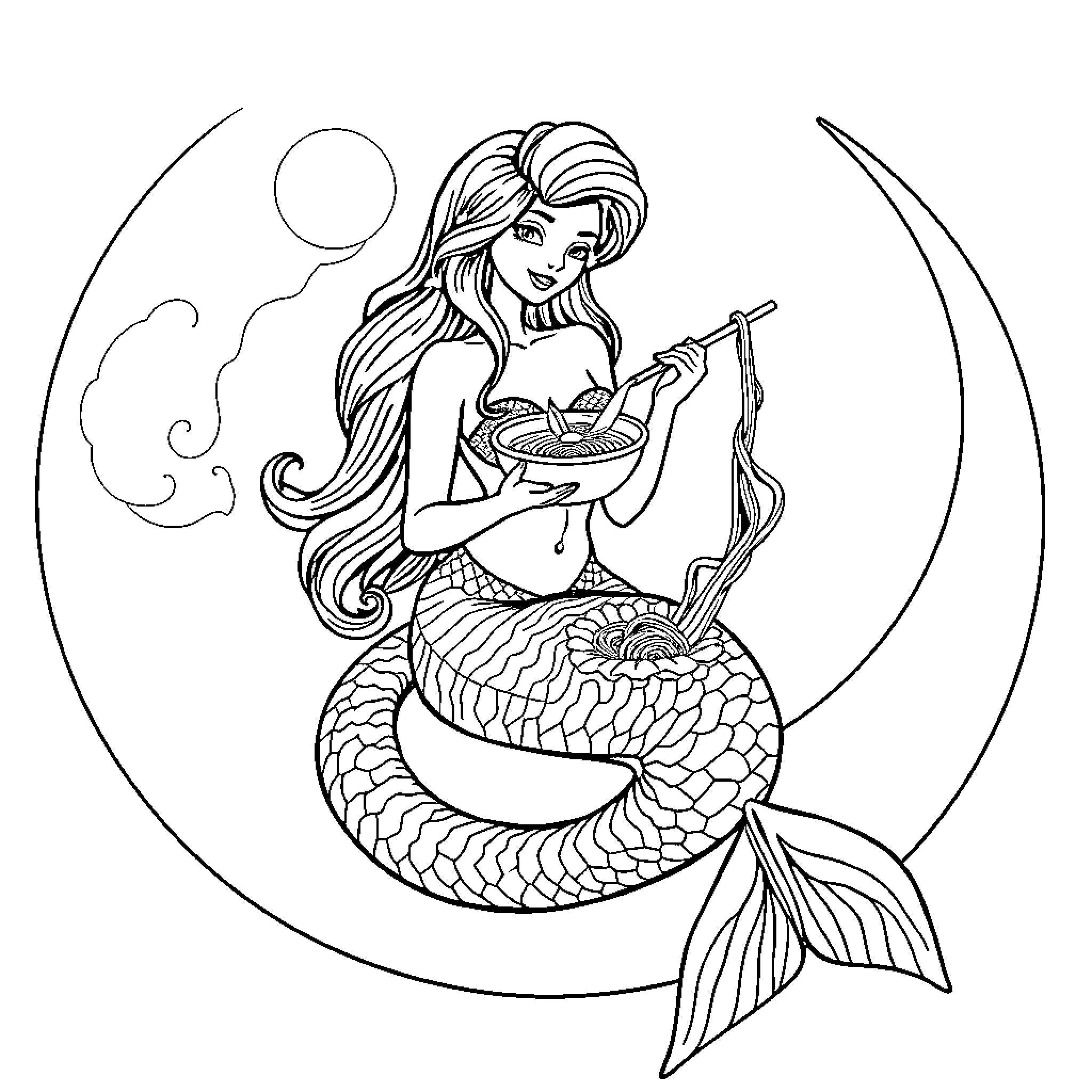 Mermaid enjoying a meal under the moonlight Coloring Page (free black-and-white line drawing printable PDF for all, from beginners to advanced learners, including children, teens, adults, and seniors)