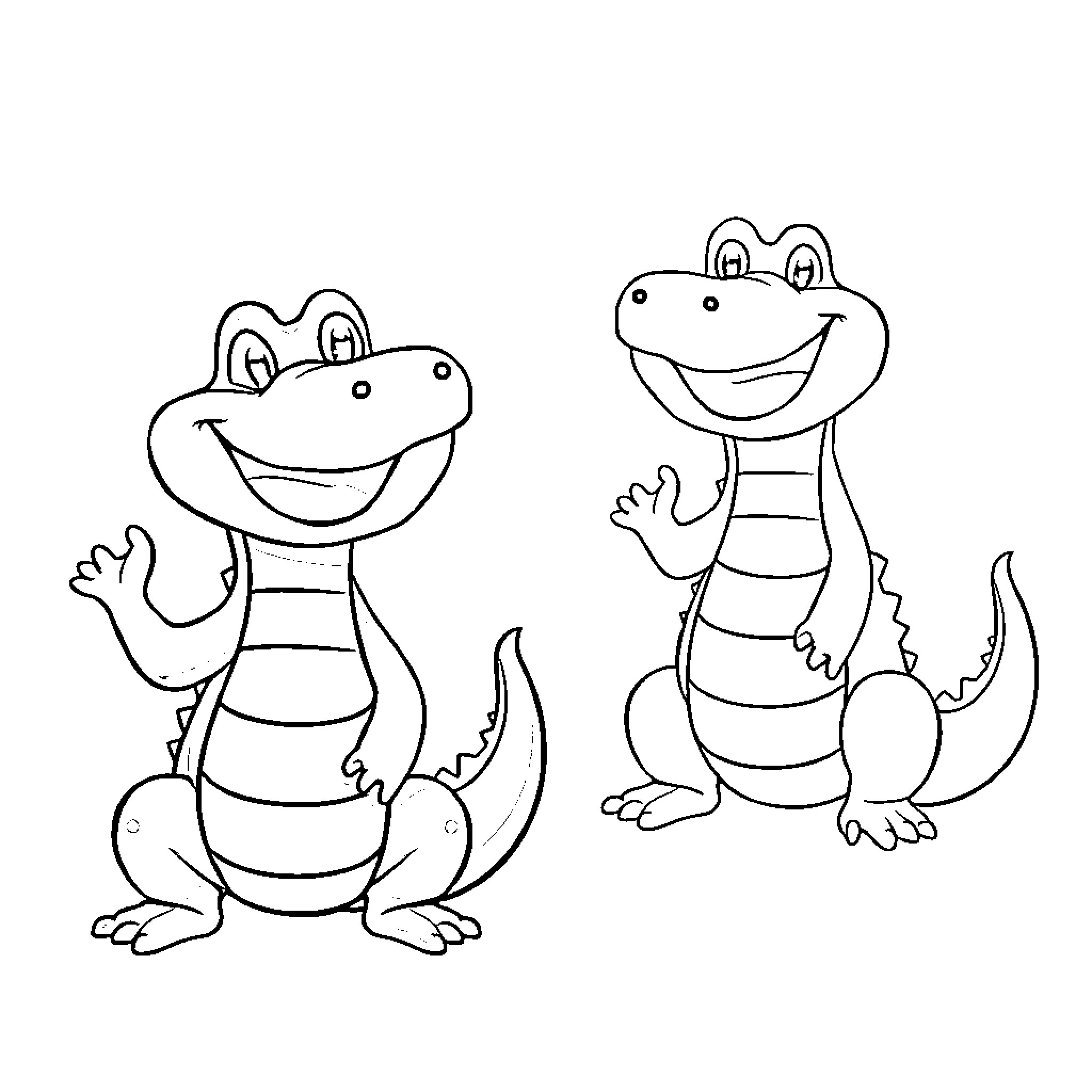Alligators having a friendly conversation Coloring Page (free black-and-white line drawing printable PDF for all, from beginners to advanced learners, including children, teens, adults, and seniors)