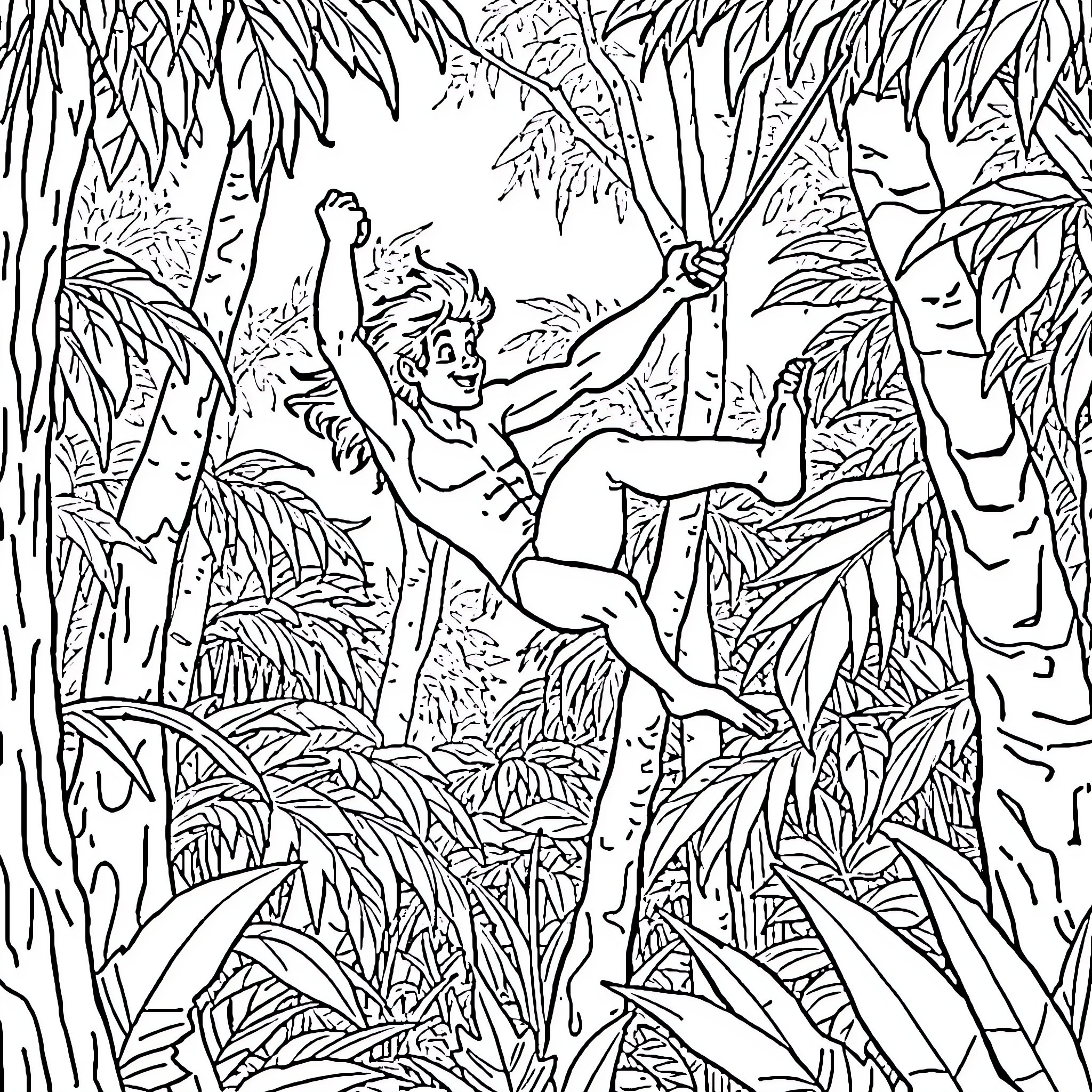 Tarzan swinging through the jungle Coloring Page (free black-and-white line drawing printable PDF for all, from beginners to advanced learners, including children, teens, adults, and seniors)
