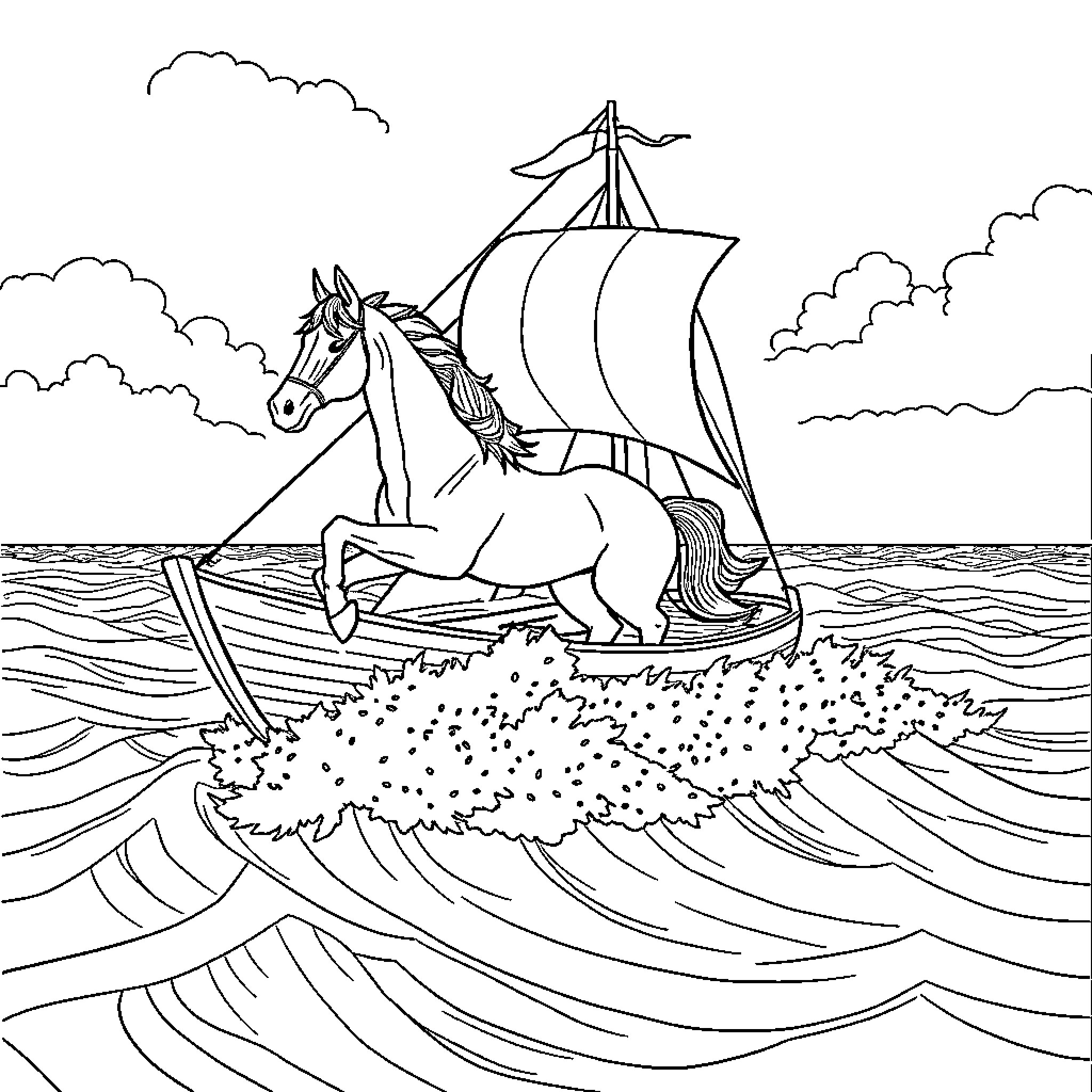 Horse galloping across the waves with a sailing ship Coloring Page (free black-and-white line drawing printable PDF for all, from beginners to advanced learners, including children, teens, adults, and seniors)