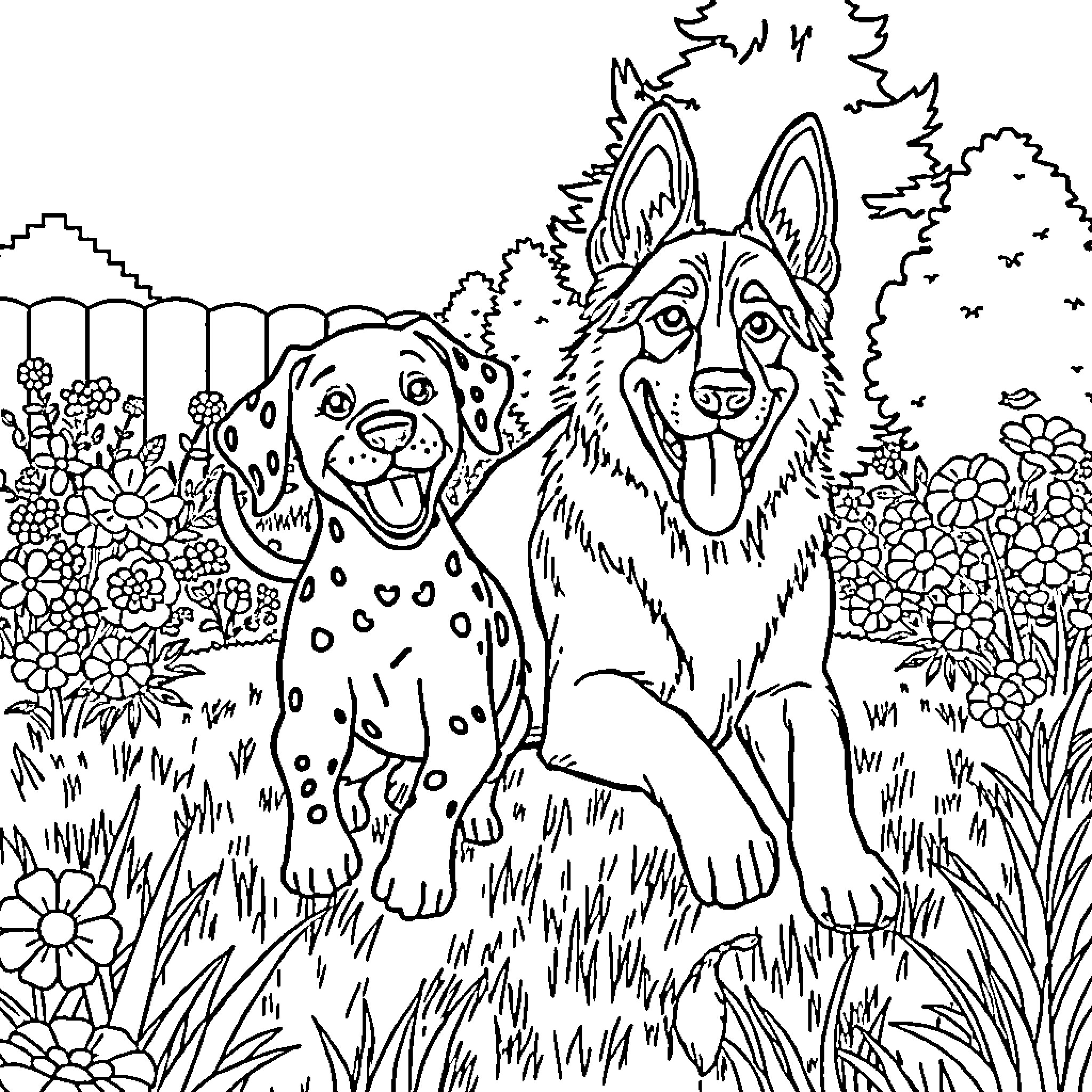 Dog friends enjoying nature together Coloring Page (free black-and-white line drawing printable PDF for all, from beginners to advanced learners, including children, teens, adults, and seniors)