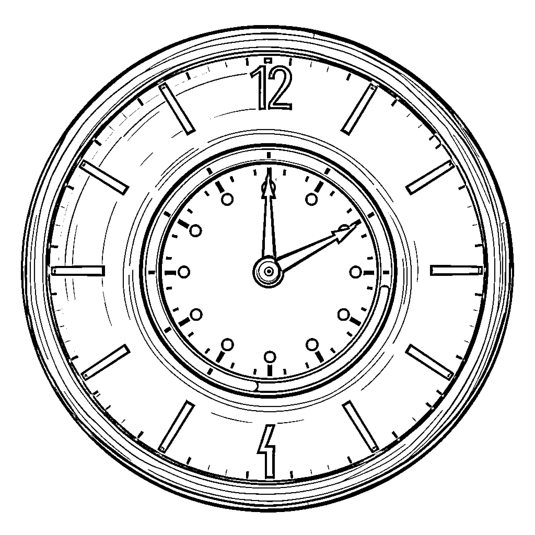Clock with intricate inner dial Coloring Page (free black-and-white line drawing printable PDF for all, from beginners to advanced learners, including children, teens, adults, and seniors)