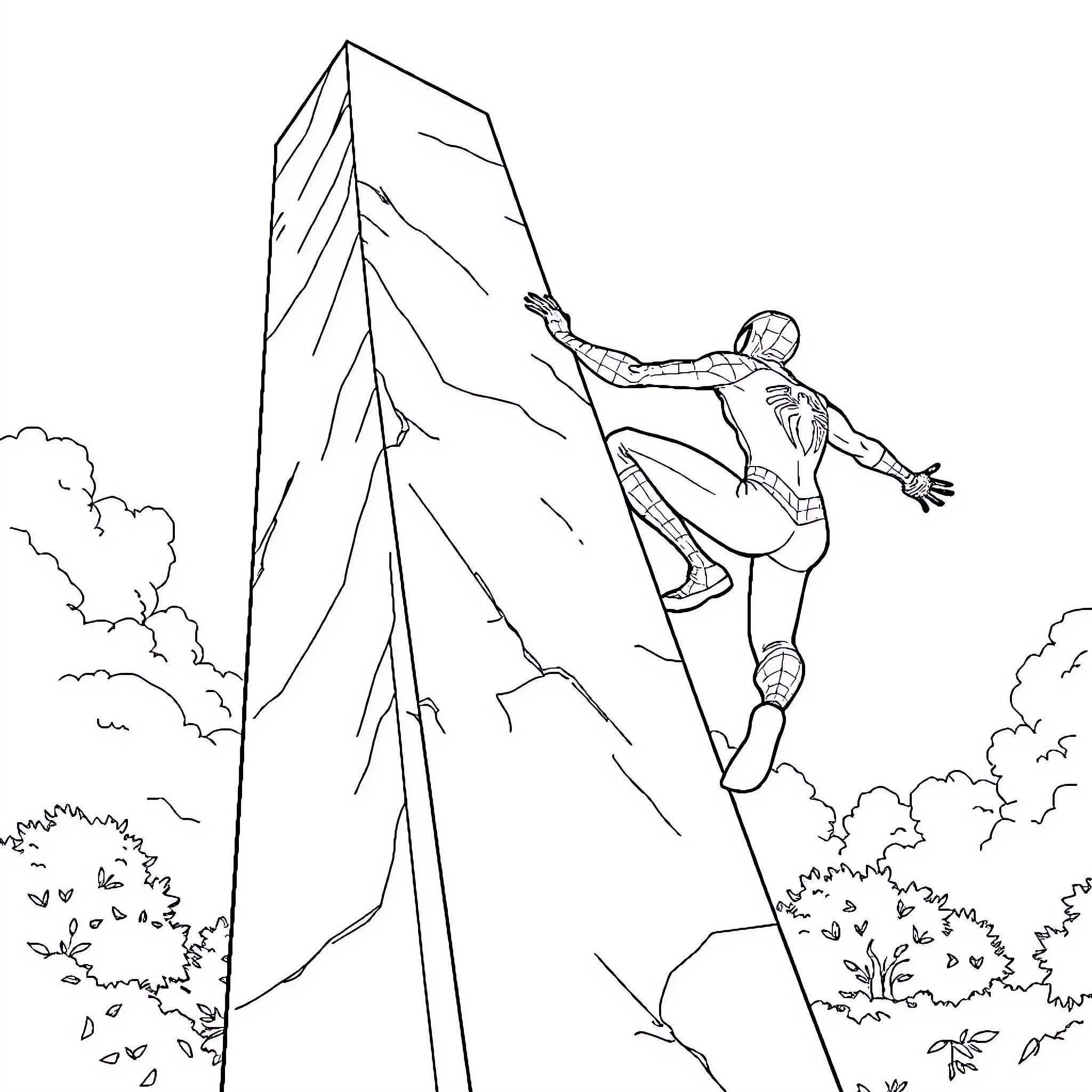 Spiderman scaling a towering mountain cliff Coloring Page (free black-and-white line drawing printable PDF for all, from beginners to advanced learners, including children, teens, adults, and seniors)